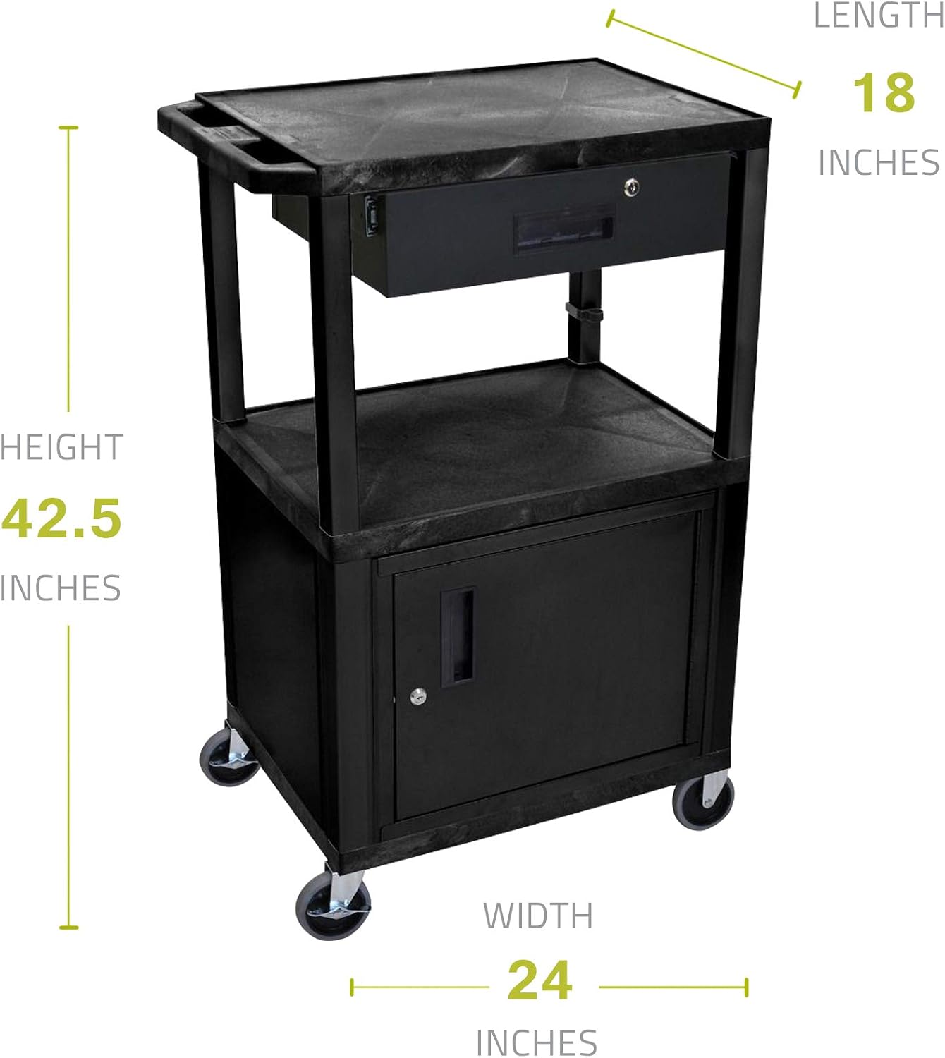 Luxor WT42C2E-B/WTD 42" H AV Cart - 3 Shelves Cab Drawer - Black, 4" Ball Bearing Casters with Two Locking Brake