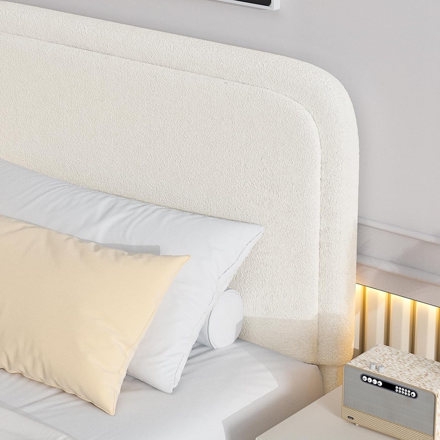 BarnFurin Full Bed Frame, Cloud Boucle Headboard, Rounded Corners, White | Soft boucle and rounded edges create a low-profile cloud look. Wooden slats support the mattress without a box spring
