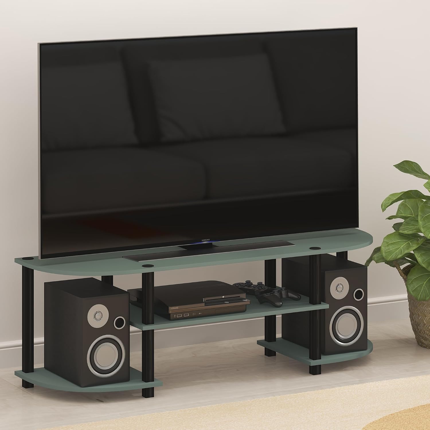 Furinno TURN-S-TUBE 3-Tier TV Stand for TVs up to 55 Inch, French Oak | Toolless Entertainment Center with Open Storage Shelves, Media Console Table with Soundbar Shelf for Living Room, Bedroom