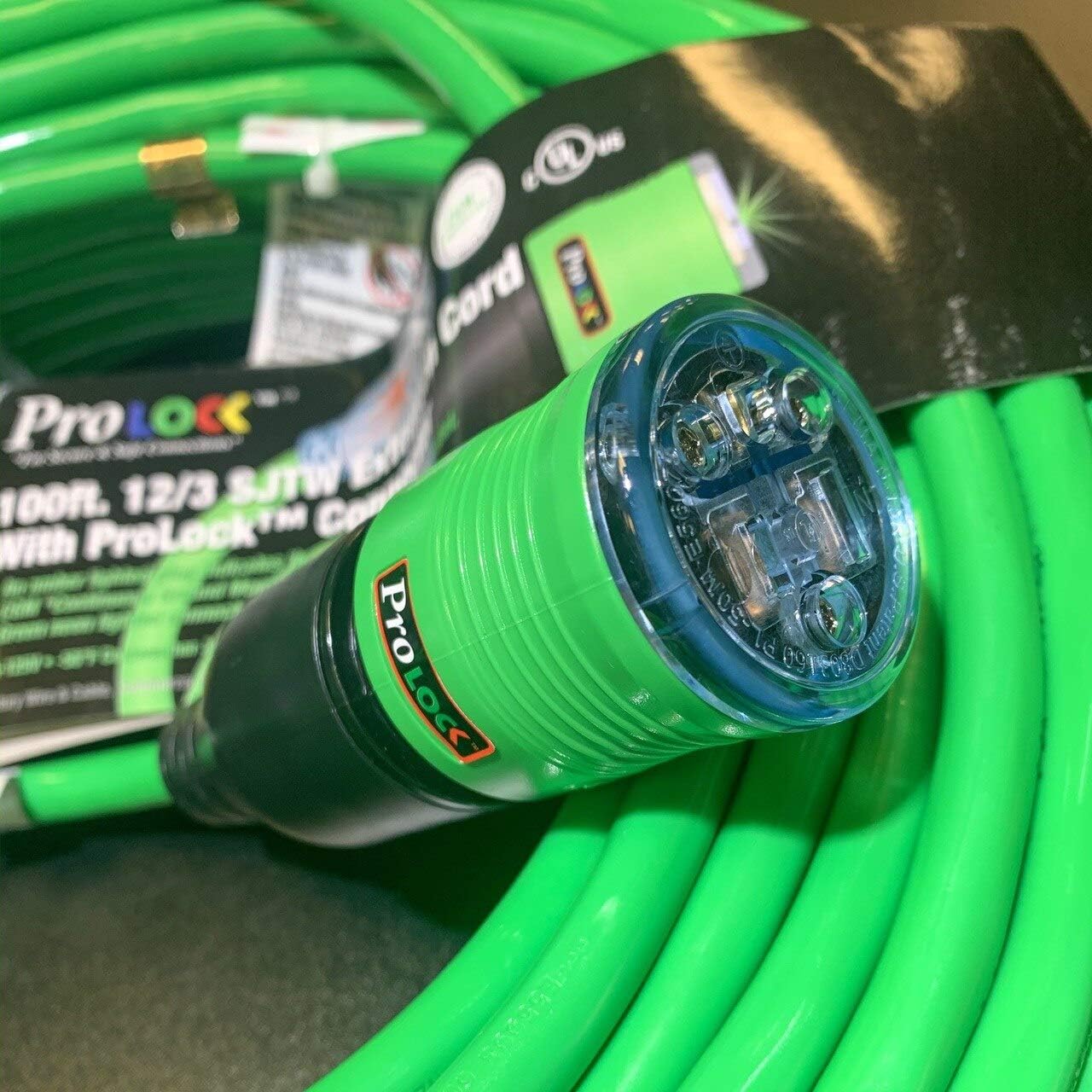 The Clean Garage 50' 12/3 SJTW Pro Lock Locking Lighted Extension Cord Green