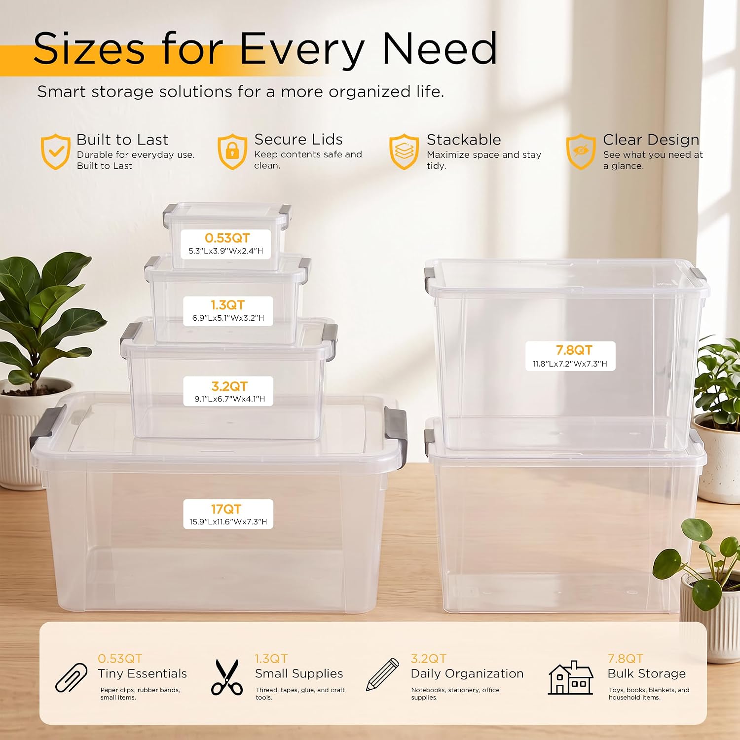 Citylife 10Packs 1.3Qt Small Storage Bins with Lids,Stackable Clear