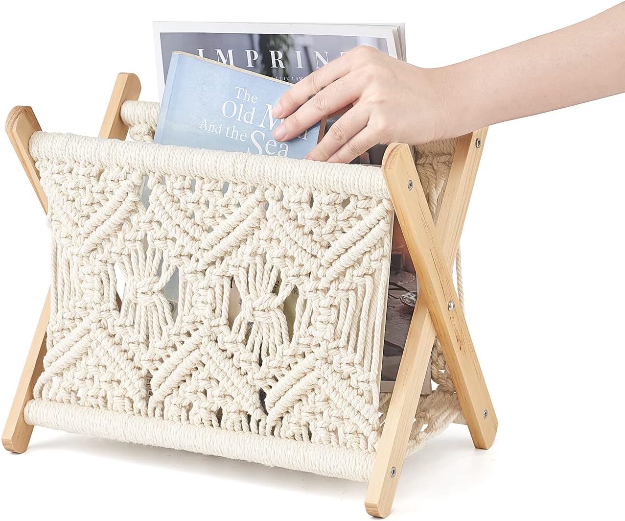 Mkono Macrame Magazine Holder, Boho Woven Book Rack Basket, 11.2"L x 7.5"W