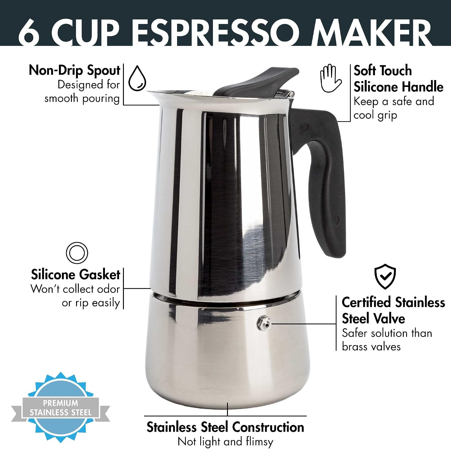 Primula 6 Cup Stovetop Espresso Coffee Maker, Stainless Steel (PES-4606)