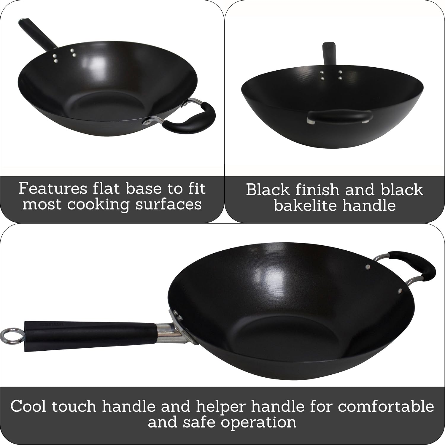 IMUSA 9.5 Inch Carbon Steel Nonstick Wok with Cool-touch Handle, Black | Cool-Touch Handle, Ideal for Stir Fry, Great for Everyday Meals