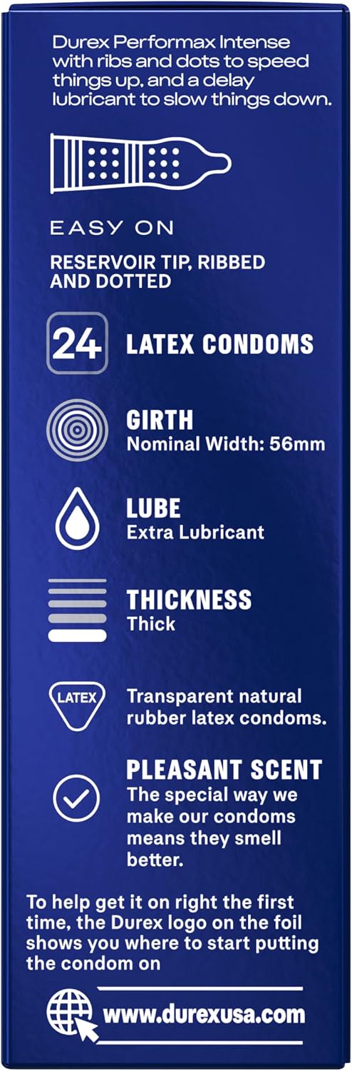 Condoms, Ultra Fine, Ribbed, Dotted with Delay Lubricant, Durex Performax Intense Natural Rubber Latex Condoms, 12 Count, Contains Desensitizing Lube for Men