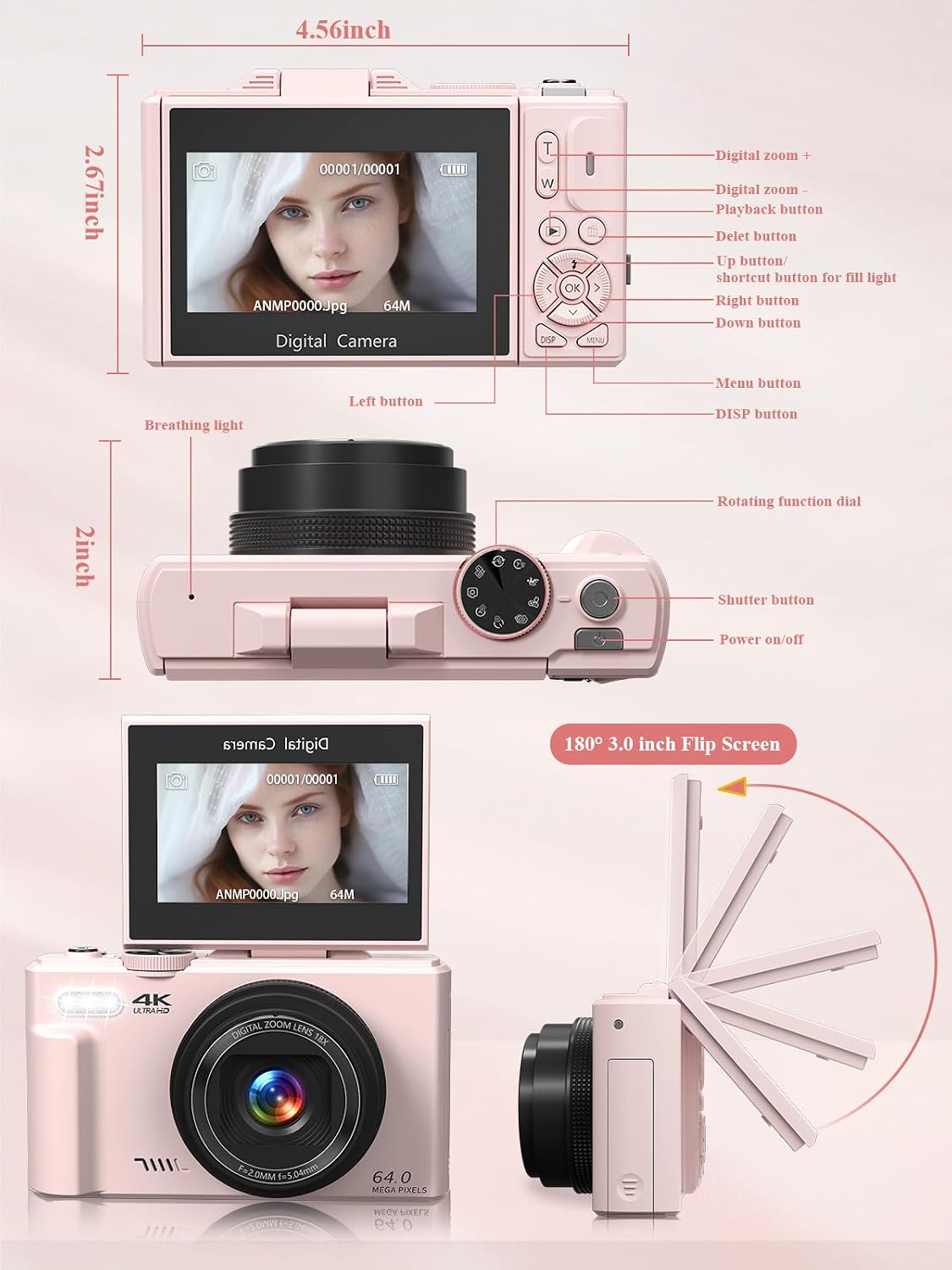 4K Digital Camera for Photography, 64MP Vlogging Camera for YouTube, WiFi Vlog Cameras with 18X Digital Zoom, 3'' Flip Screen and 32GB TF Card, Pink