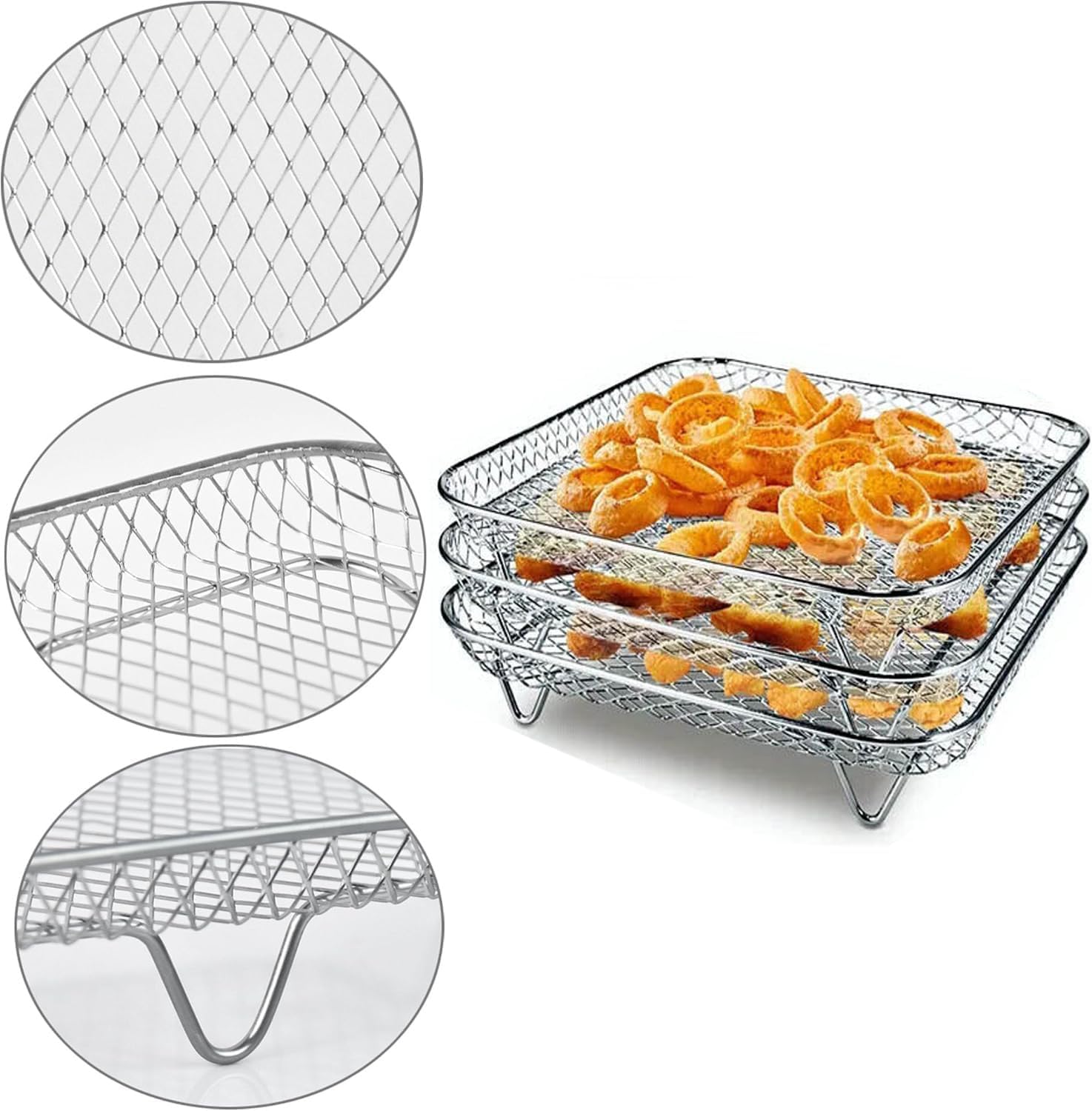 7 Inch Air Fryer Rack Compatible with Ninja Crispi/Ninja Pro 5QT/ Cosori 5QT/ Chefman 5-6QT/ Instant Pot 4Qt Vortex Air fryer &More, 3pcs Stackable Stainless Steel Air fryer Basket with 8 Silicon Feet