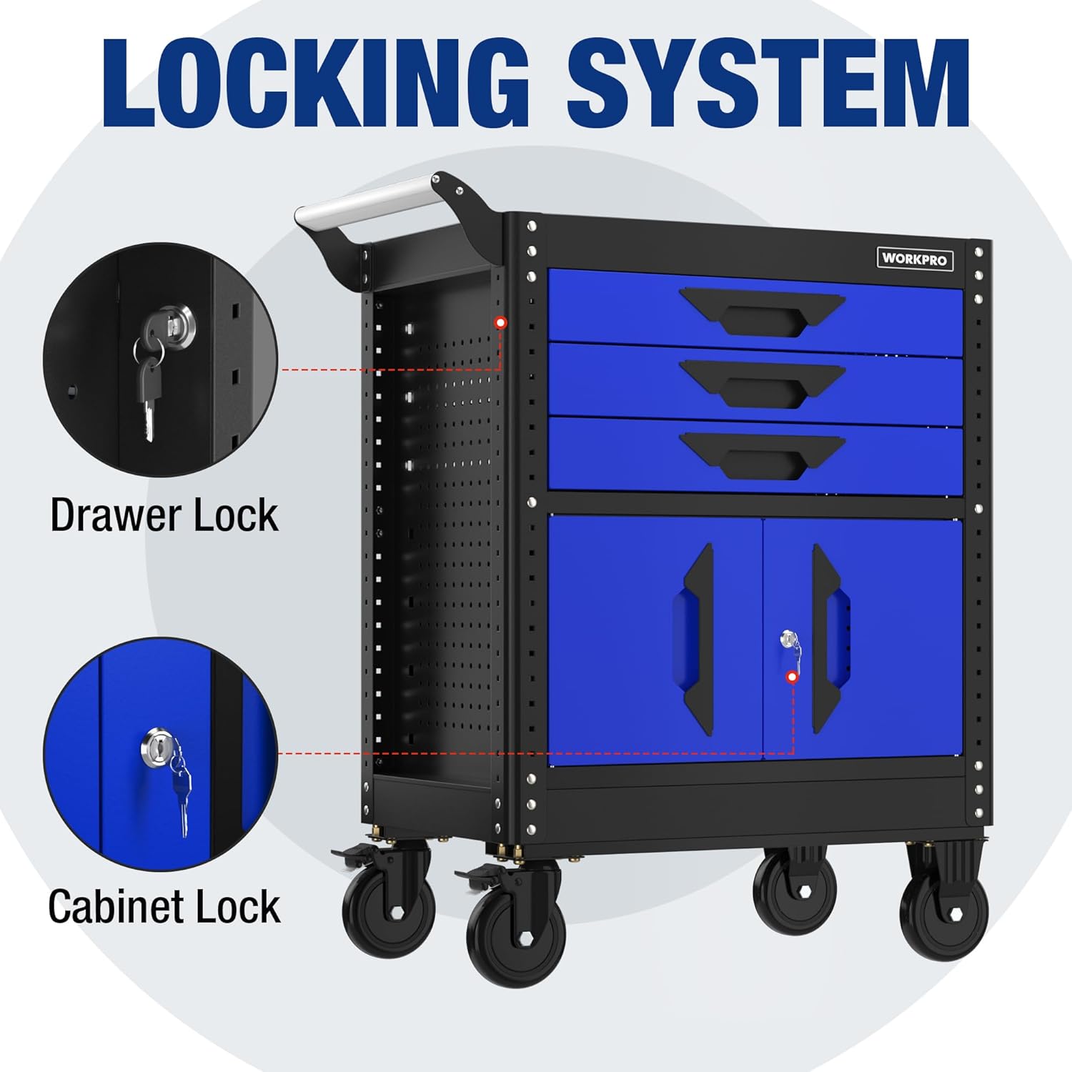 WORKPRO 27.5-Inch Rolling Tool Cabinet, 405 LBS Capacity | Steel Tool Storage Cabinet with PVC Drawer Liners