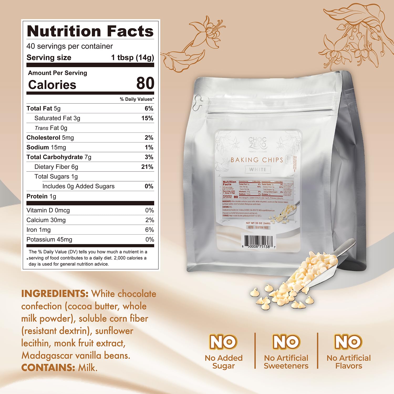 ChocZero Sugar Free Chocolate Chips, Milk Chocolate, 20 oz Bag