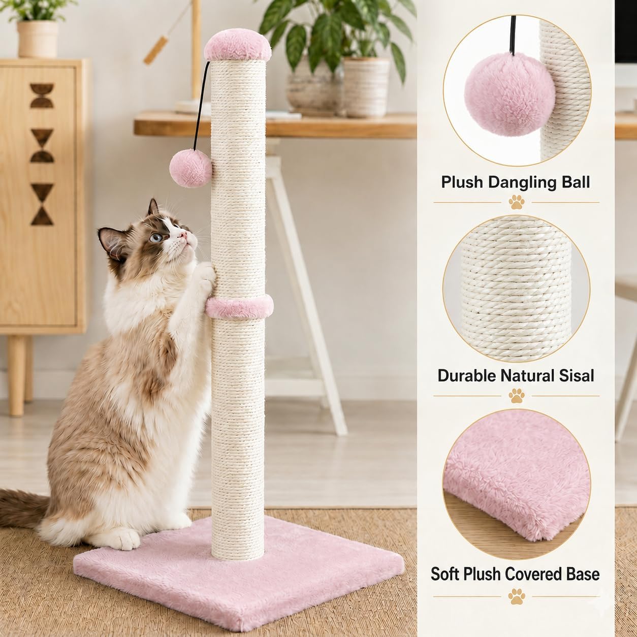 Dimaka 29" Height Tall Cat Scratching Post, Claw Scratcher with Sisal Rope and Covered with Soft Smooth Plush, Vertical Scratch [Full Strectch] for Standard Size Cats(Grey, 29 inches for All Cats)