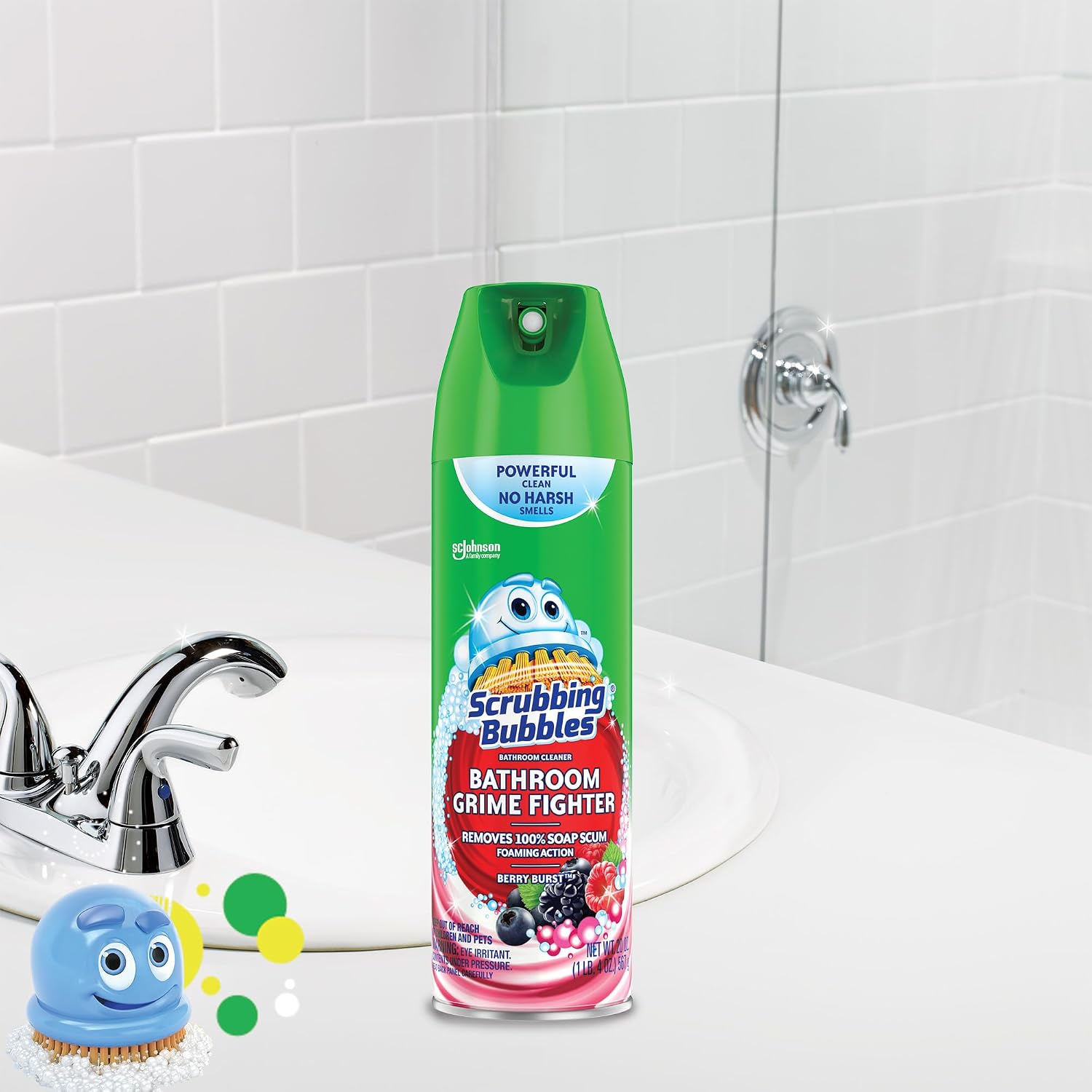 Scrubbing Bubbles Bathroom and Shower Cleaner Disinfectant Aerosol, Foaming Action Bathroom Grime Fighter, Rainshower Scent, 20oz