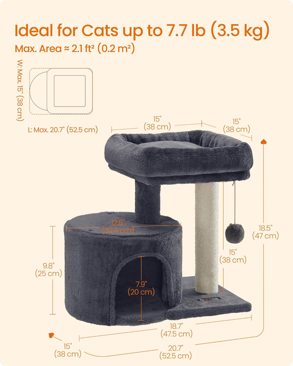 Feandrea Cat Tree, 18.5-in Small Cat Tower, Cute Kittens Condo, Smoky Gray
