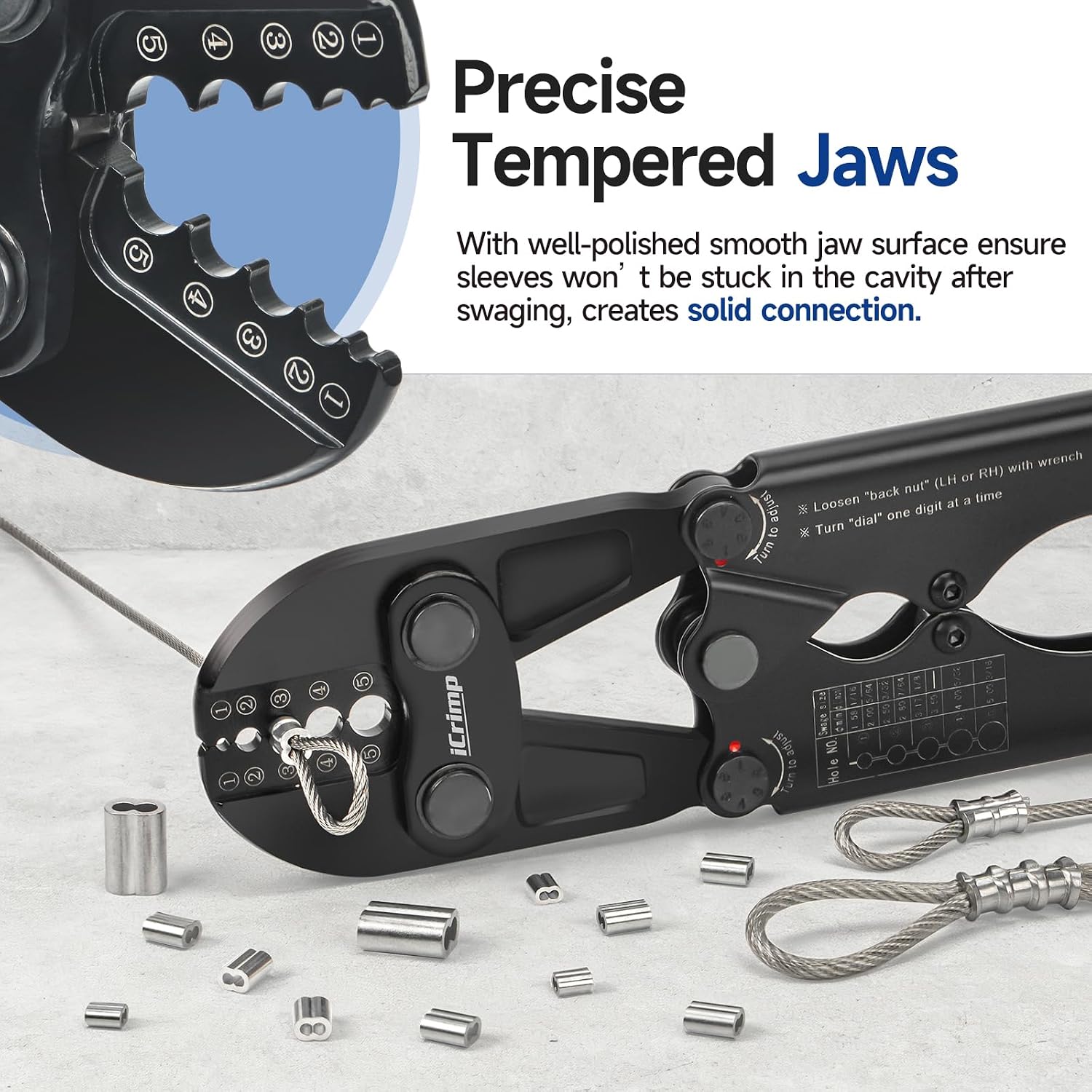 iCrimp IWS-1608M4 Wire Rope Crimper 3/64" to 1/8" 4 Dies | High carbon steel swaging tool for aluminum oval, double-barrel & annealed copper sleeves; ideal for railing, cable & fishing