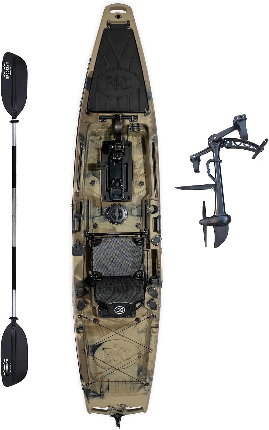 BKC Brooklyn 12.5 Pro Pedal Fishing Kayak, Propeller Drive | Hands-free propeller drive, rudder steering, 550 lb capacity, dry storage, rod holders, 12.5 ft sit-on-top hull