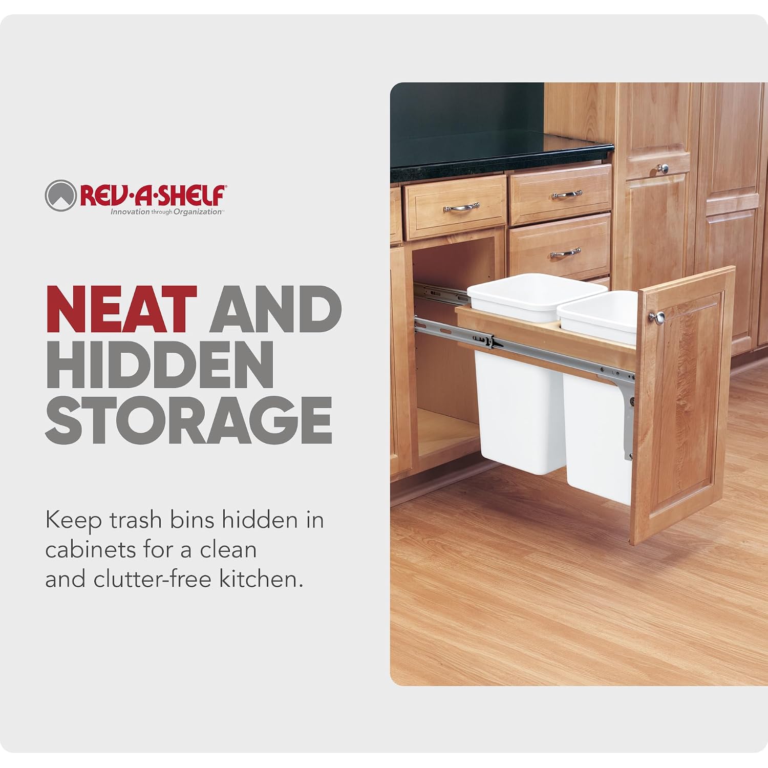 Rev-A-Shelf 35 Qt Top Mount Double Pullout Under Cabinet Kitchen Trash Cans for Base Cabinets, 150 Pound Rated Full-Extension Slides, Min Opening Width of 14.75", White, 4WCTM-18DM2-162
