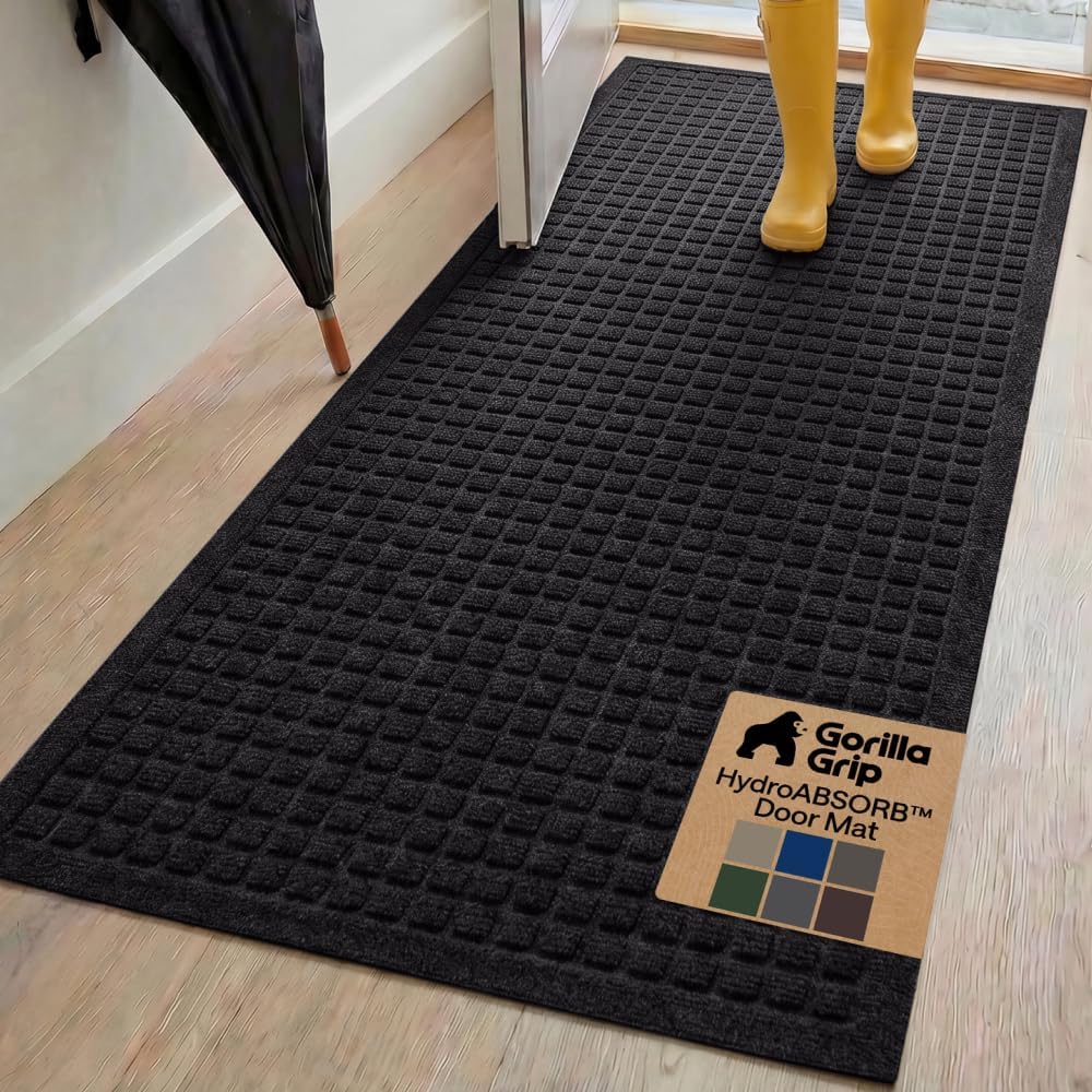 GORILLA GRIP® HydroABSORB Door Mat for Indoor Outdoor Use, 29x17 Black