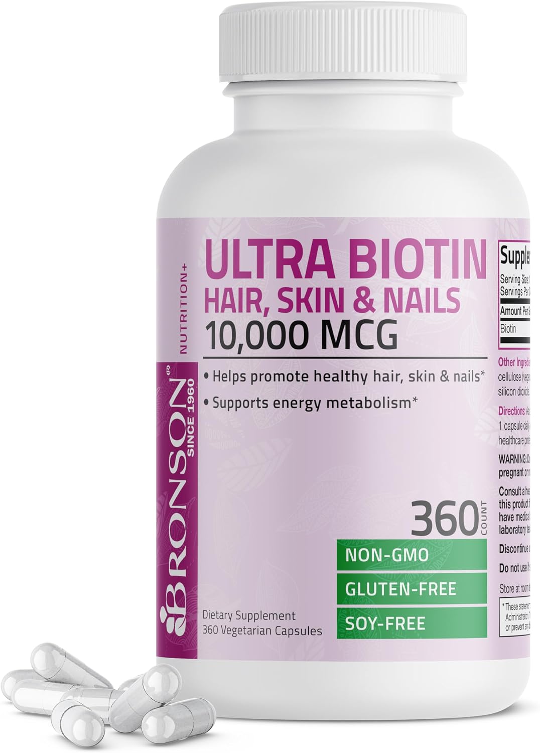 Bronson Ultra Biotin 10,000 Mcg Hair Skin and Nails Supplement, Non-GMO, 120 Vegetarian Capsules