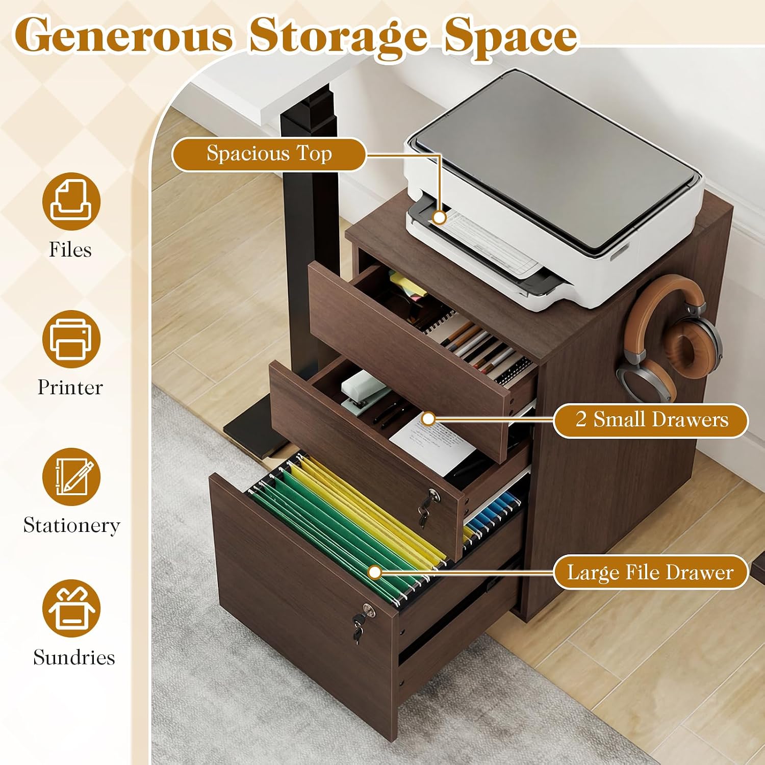 Mobile File Cabinet with 3 Drawers, Wooden Rolling Filing Cabinet with Lock, Under Desk File Organizer for A4/Letter/Legal Size, for Home Office, Study (White)