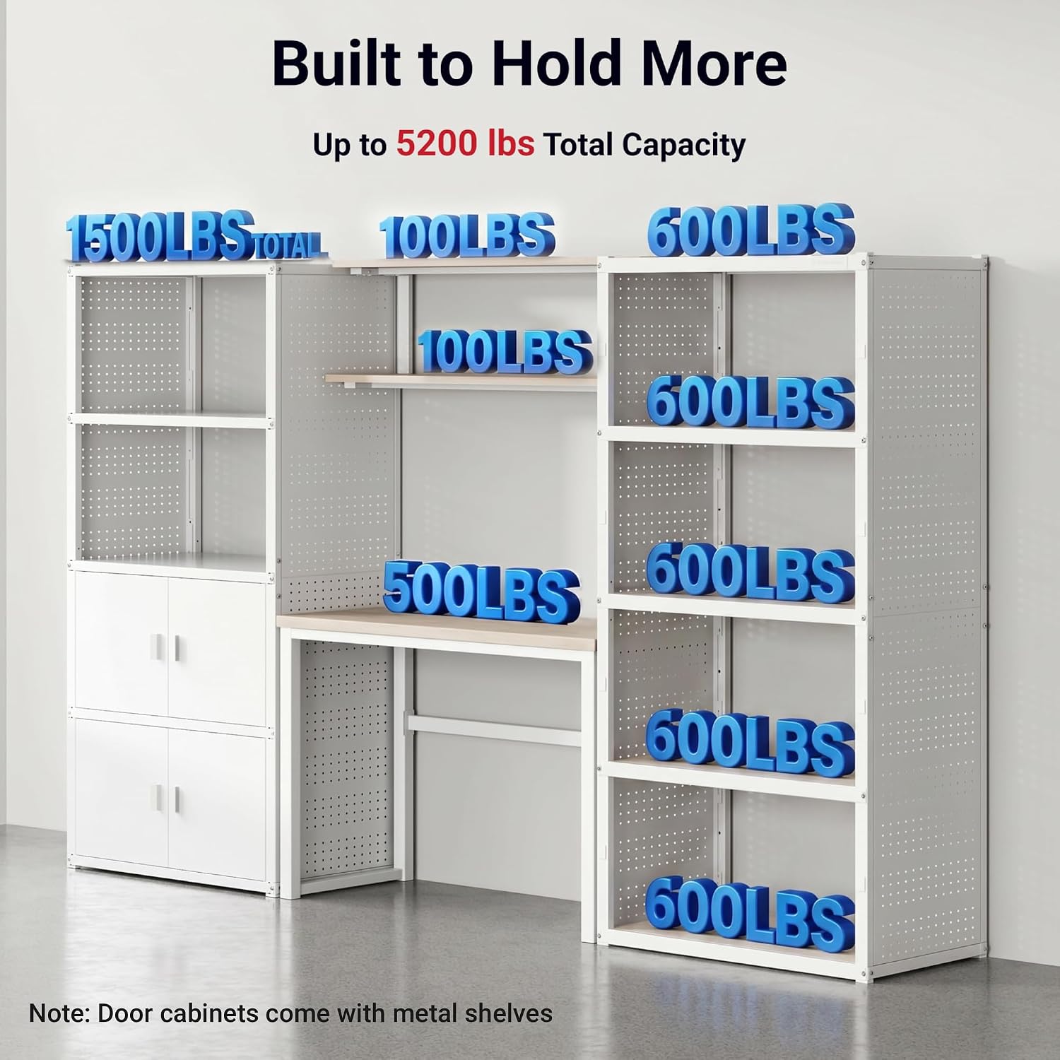 FLEXIMOUNTS 117"W Modular Garage Storage Cabinet with Workbench, Black | 6 Doors, 3700lbs capacity, Metal board shelf includes pegboard, 3-in-1 metal tool cabinet, 24-gauge steel, FLEXIMOD Series
