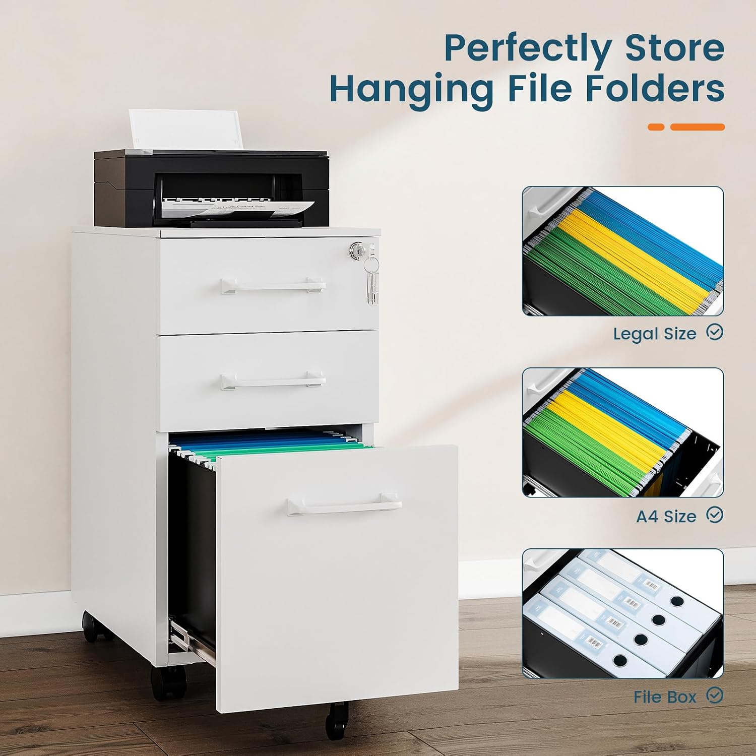 MIIIKO 3 Drawer File Cabinet with Lock, Metal Lateral Rolling Printer Stand Filing Cabinets for Home Office Storage,A4, Letter,File Folders(White)