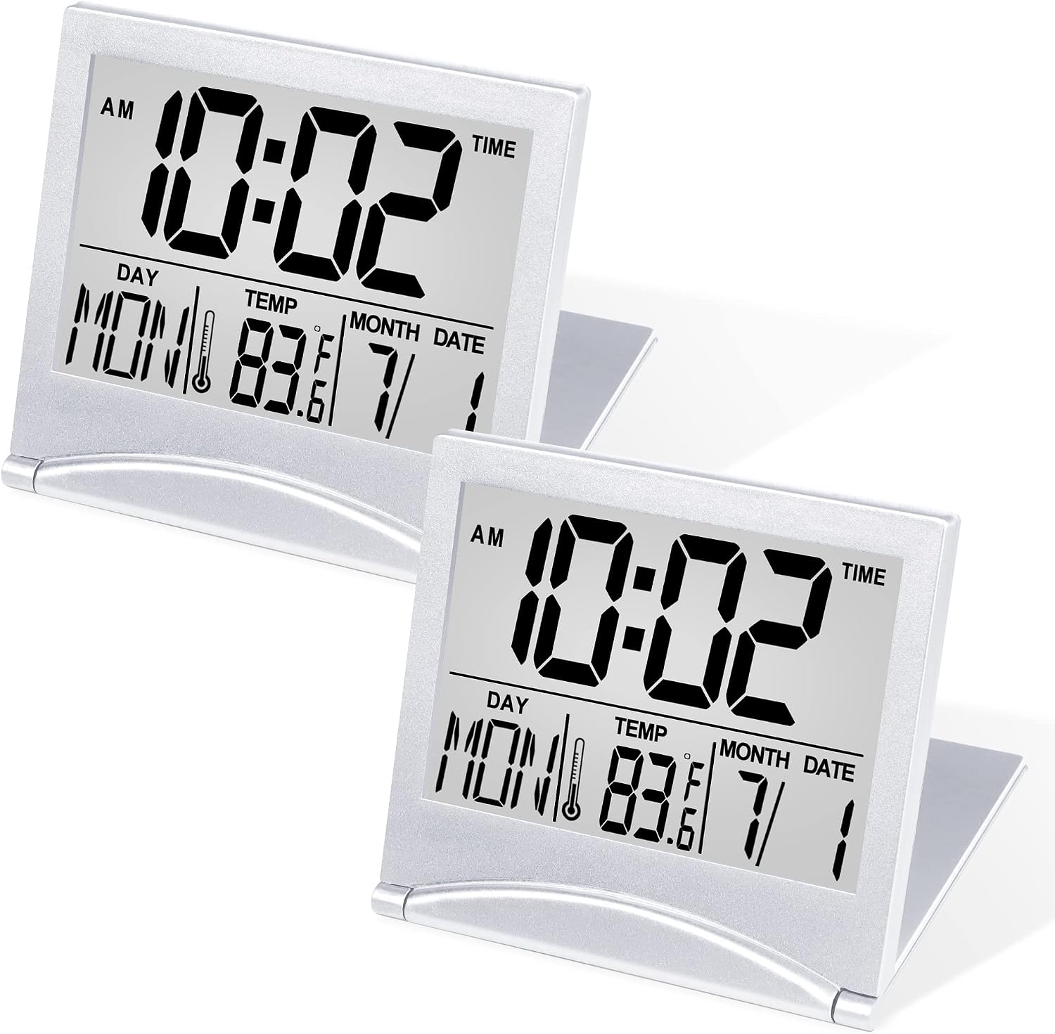 Betus Digital Travel Alarm Clock - Foldable Calendar Temperature Timer LCD Clock with Snooze Mode - Large Number Display, Battery Operated - Compact Desk Clock(Silver, No Backlight)