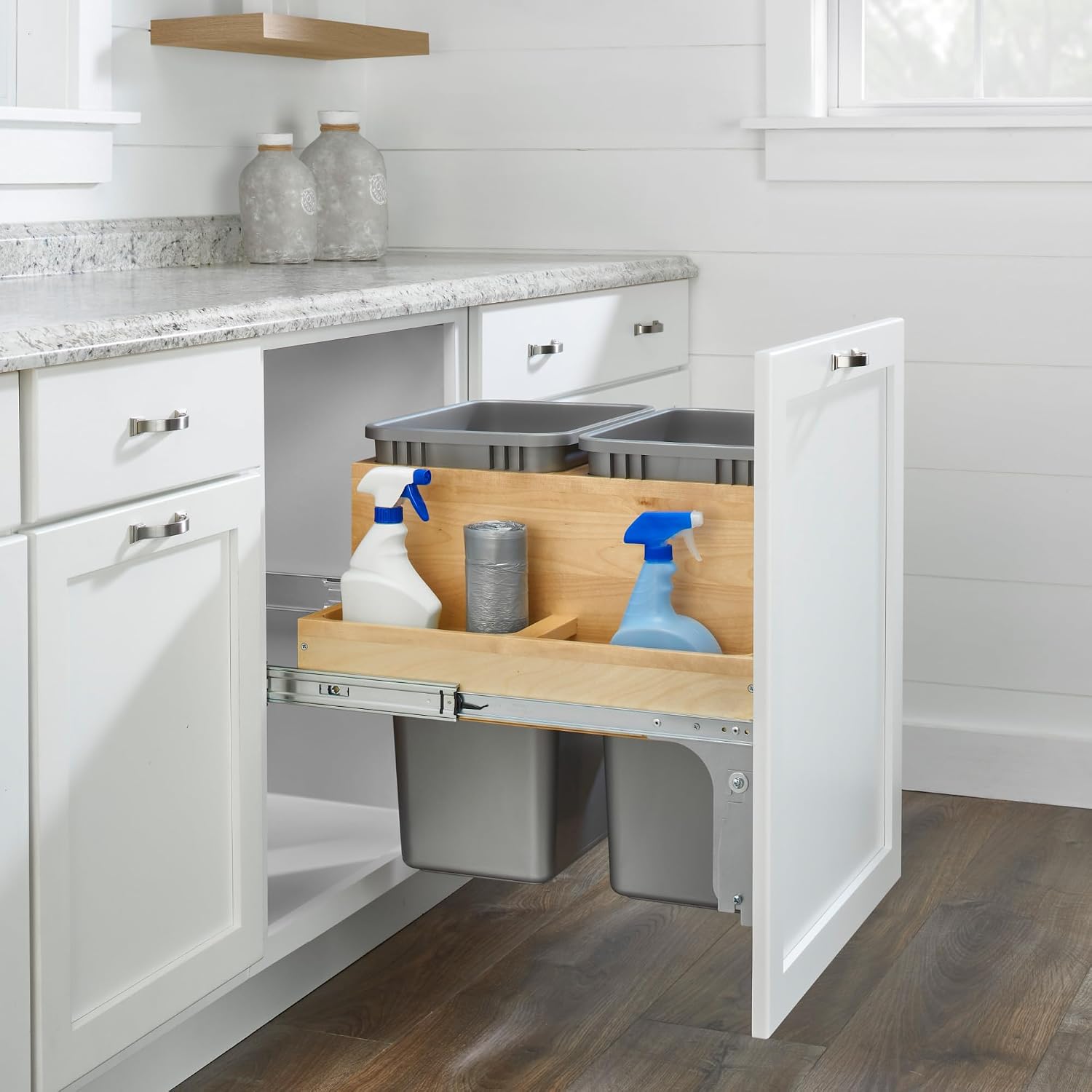 Rev-A-Shelf Double Top-Mount Pullout Trash Can, Min Opening 15" W, 35 Qt | Under Kitchen Cabinet Large Capacity Waste/ Recycling Containers, 150 Lbs Rated Full-Extension Slides, 4WCTM-18BBSCDM2 Silver