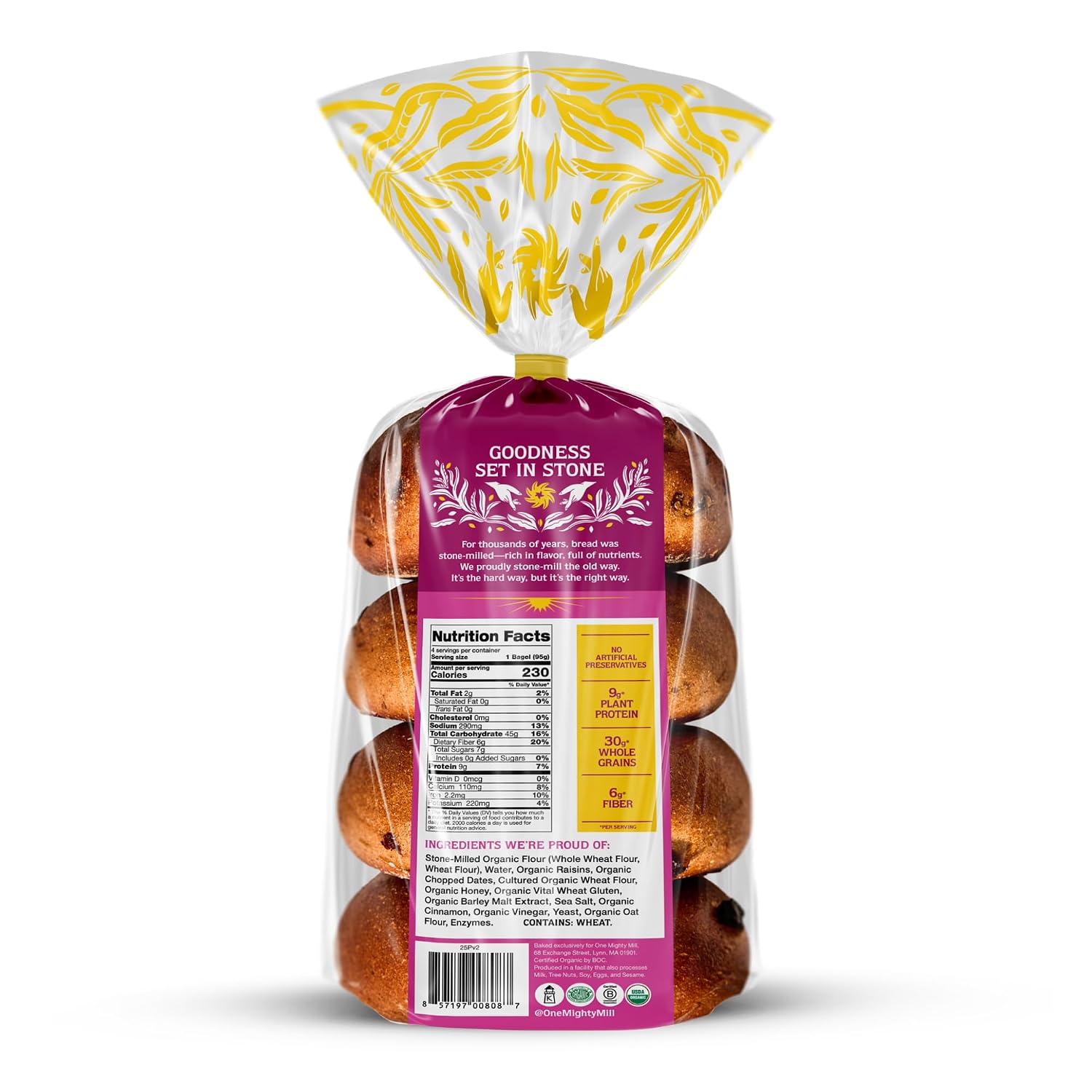 One Mighty Mill Whole Wheat Cinnamon Raisin Bagels, 100% Organic, Fresh-Milled, Stone-Ground Flour - No Preservatives or Artificial Ingredients