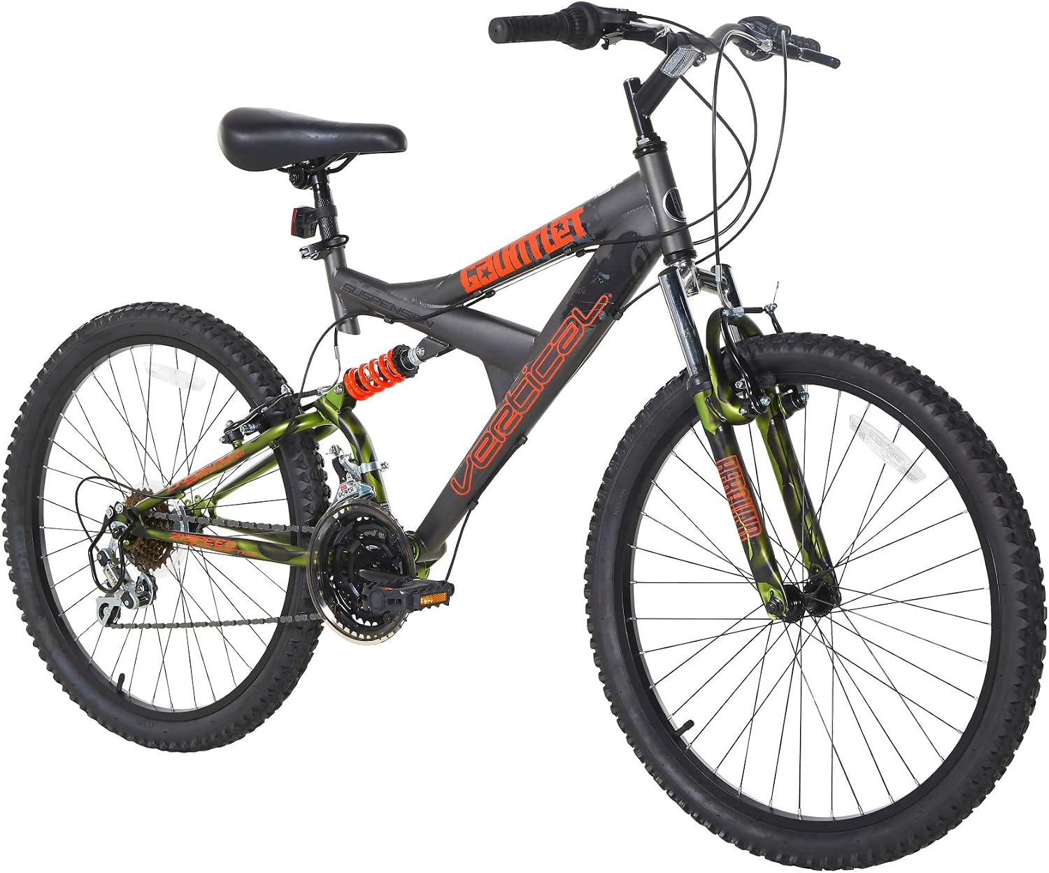Dynacraft Vertical Gauntlet 24 Inch Bike, Teenager Bicycle Age 13-17, Mountain Bike for Men, 21 Speed Shimano Gear Shifters, Full Suspension