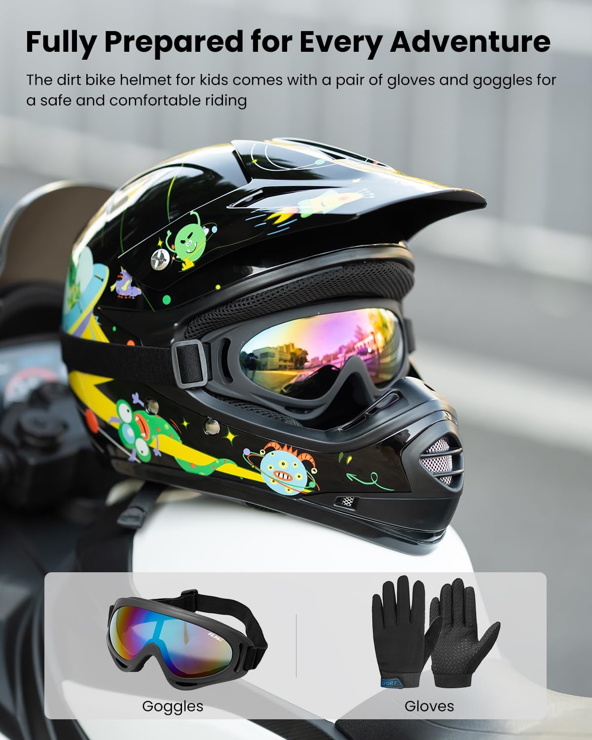 ILM Youth Kids ATV Motocross Helmet Goggles Sports Gloves Dirt Bike Motorcycle Off Road DOT Approved B07 (Youth-L, Matte Black)