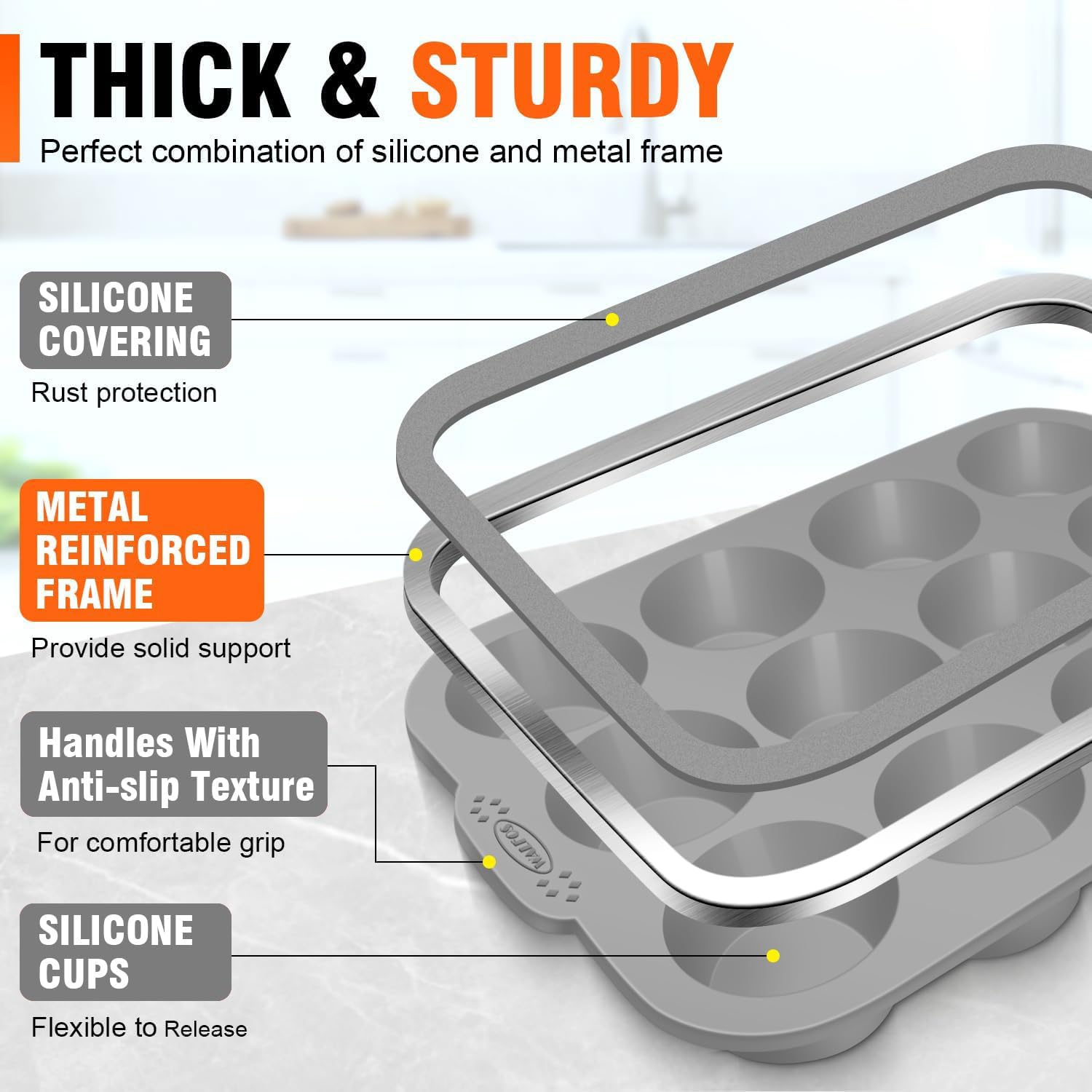 Walfos Silicone Texas Muffin Pan - 6 Cup Jumbo Silicone Cupcake Pan, Non-Stick, Just Release! Perfect for Egg Muffin