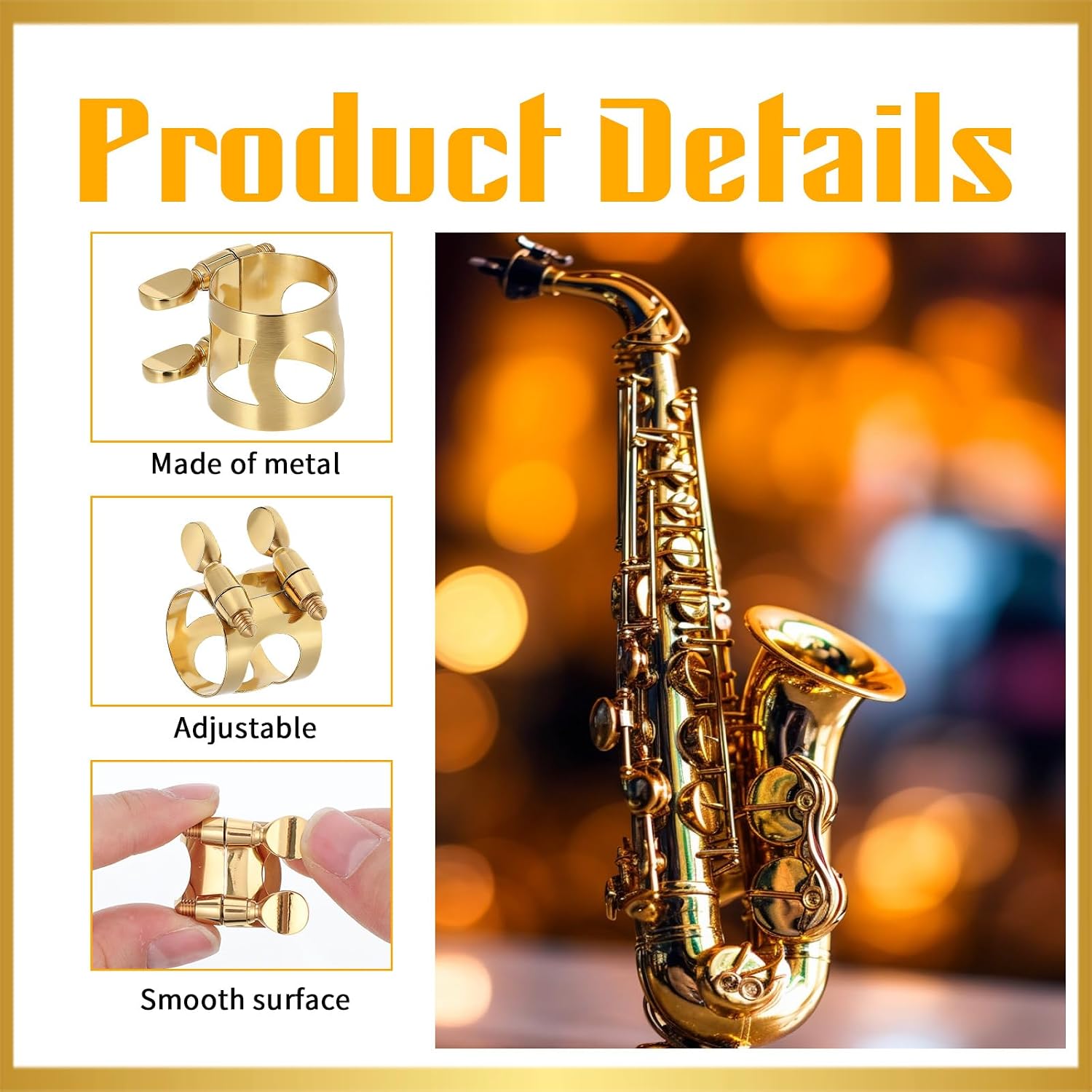 Saxophone Ligature, Soprano Sax Mouthpiece Ligature with Adjustable Screws Double Screws Saxophone Gold Fastener