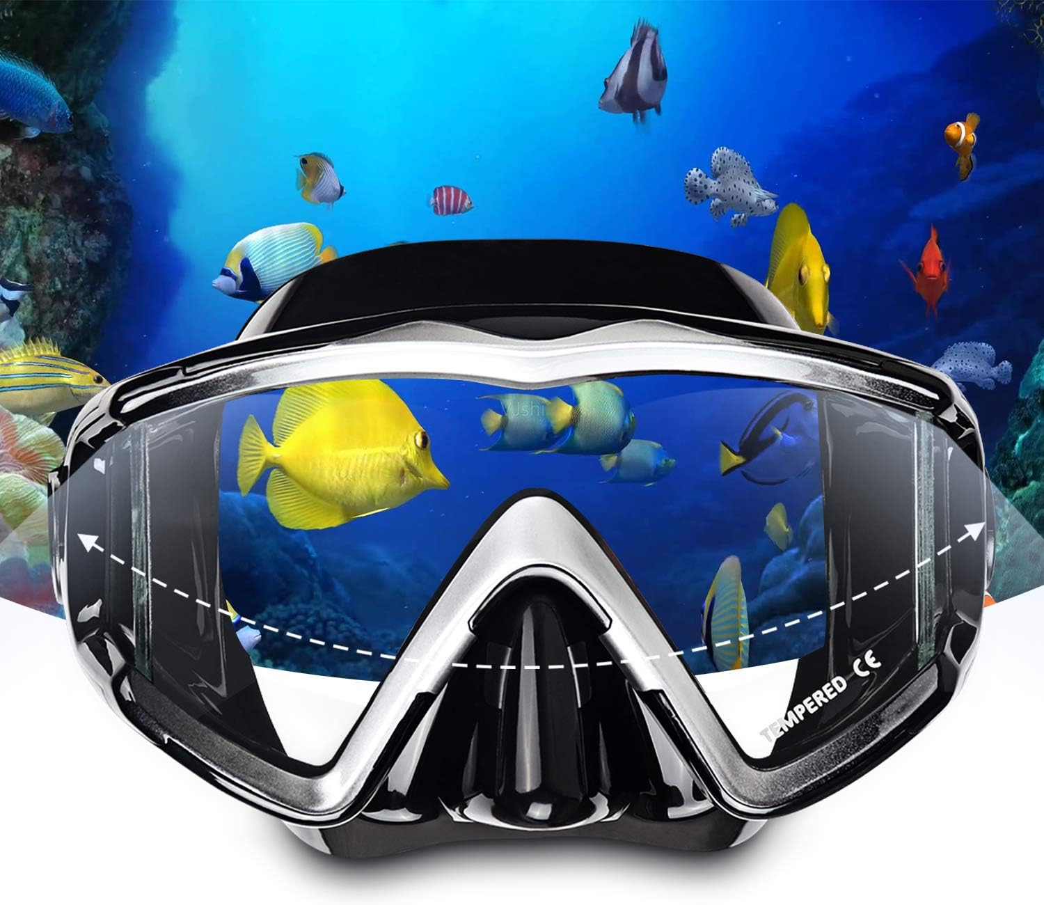 Adult Pano 3 Scuba Diving Mask, Tempered Glass Snorkel Mask Anti-Fog Swim Mask No Leakage Swim Goggles with Nose Cover Snorkeling Gear for Snorkeling