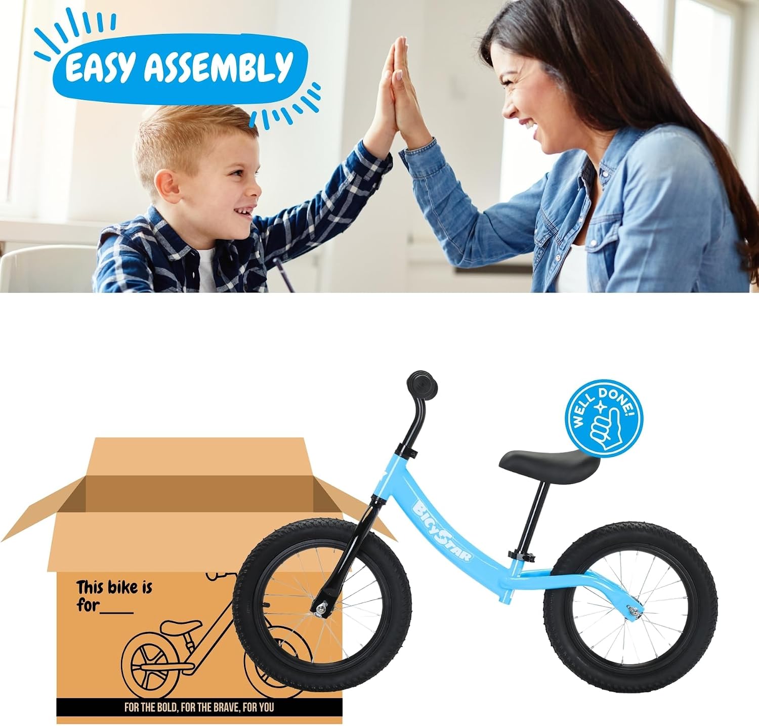 bicystar 14 Inch Balance Bike for Kids 3-5 with Rubber Air Tires, White | lightweight frame, adjustable seat & handlebar, easy assembly, outdoor riding, footrest, no pedals
