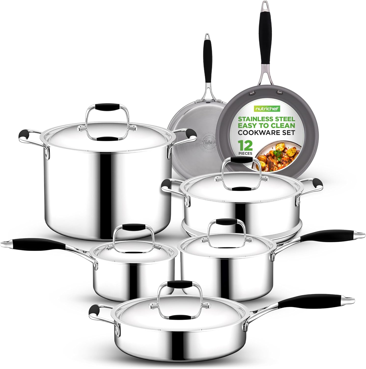 NutriChef Professional 12-Piece Nonstick Cookware - PFOA/PFOS-Free, Heat Resistant Lacquer, Elegant Design, Multi-Sized Pots and Pans, Teal/Gray/Green