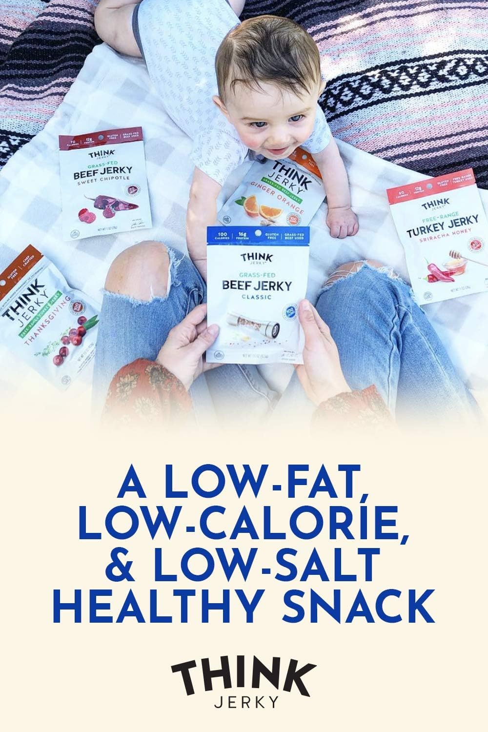 Think Jerky Sesame Teriyaki Beef Jerky, Grass-Fed High Protein Beef Jerky, Gluten Free, No Antibiotics or Nitrates, Healthy Chef Crafted Recipe, Low Calorie and Low Fat - 2.2 oz Bags, 4 Pack