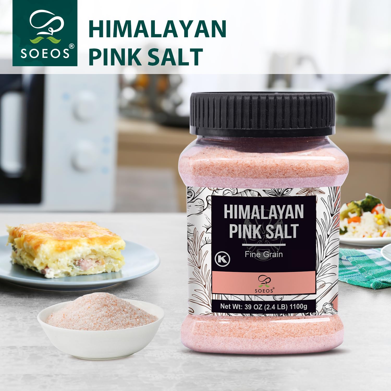 Soeos Himalayan Pink Salt, Fine Grain, 39 oz (2.4lb), Bottled