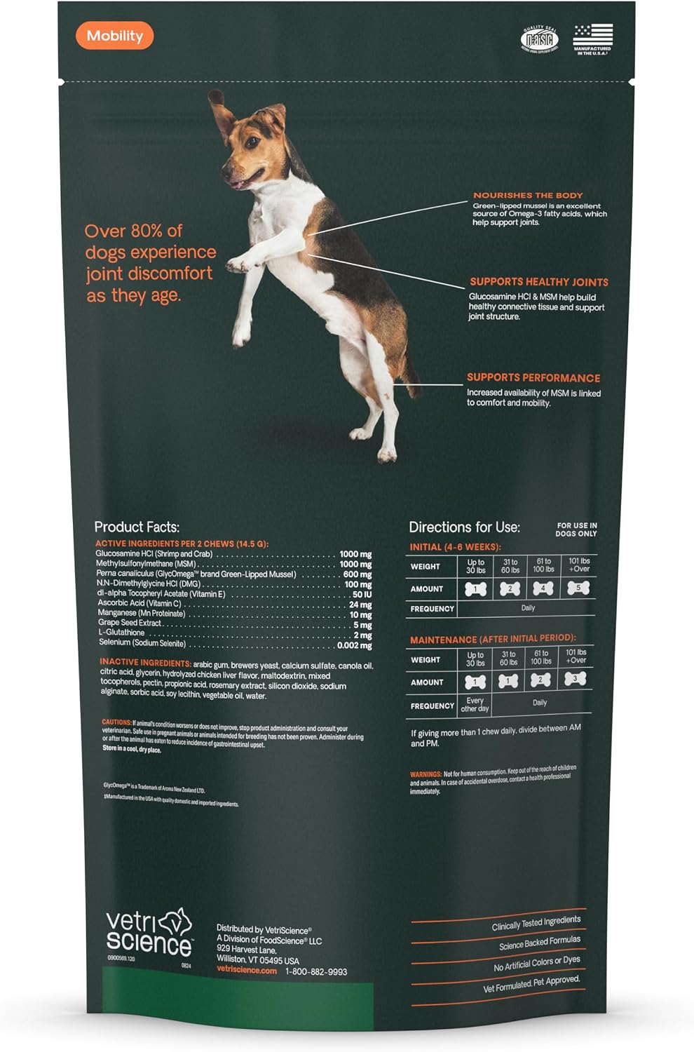 VetriScience Extra Strength Hip & Joint Supplement for Dogs – Supports Joint Health & Mobility, Vet-formulated w/Glucosamine, MSM & Green-Lipped Mussel – Chicken Flavor, 120 Chews