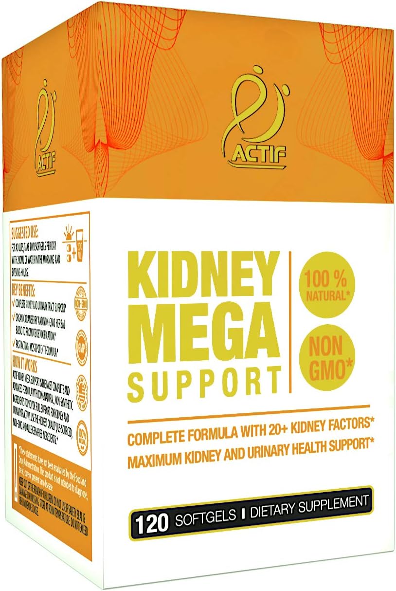 Actif Kidney Mega Support with 10+ Advanced Factors, Boosts Healthy Kidney Function, Kidney Cleanse, Non-GMO, Fast Acting, Made in USA, 120 Count