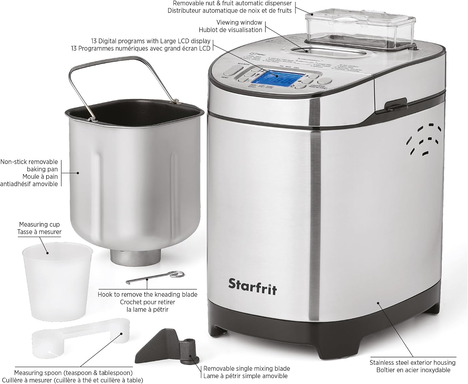 Starfrit Electric Bread Maker, 2lb, 13 Programs, Auto Dispenser, 550W
