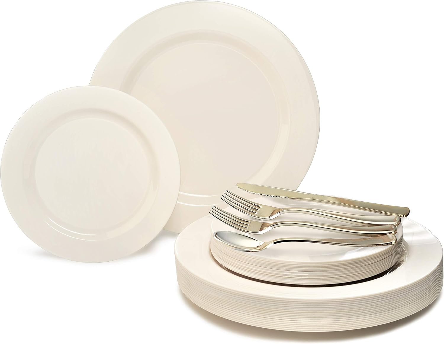 OCCASIONS 50 Ivory Disposable Plastic Plates for 25 Guests (Plain Ivory) | Heavy Duty Fancy Wedding Party Dinner & Salad/Dessert Set, 25x10.5" + 25x7.5", China-Like Look, BPA Free & Recyclable