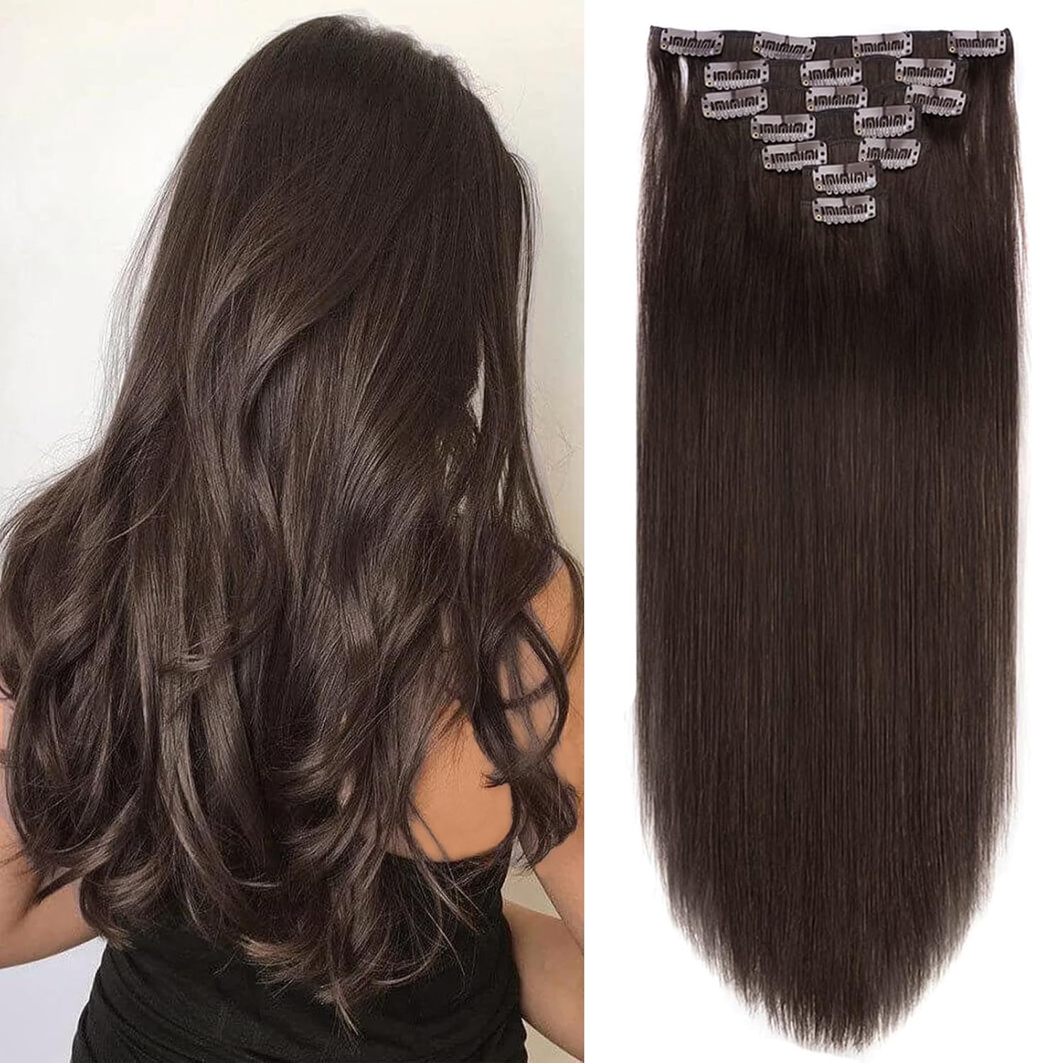 22" Clip in Human Hair Extensions Full Head 200g 10 Pieces 22 Clips Light Brown Double Weft Brazilian Real Remy Hair Extensions Thick Straight (22"
