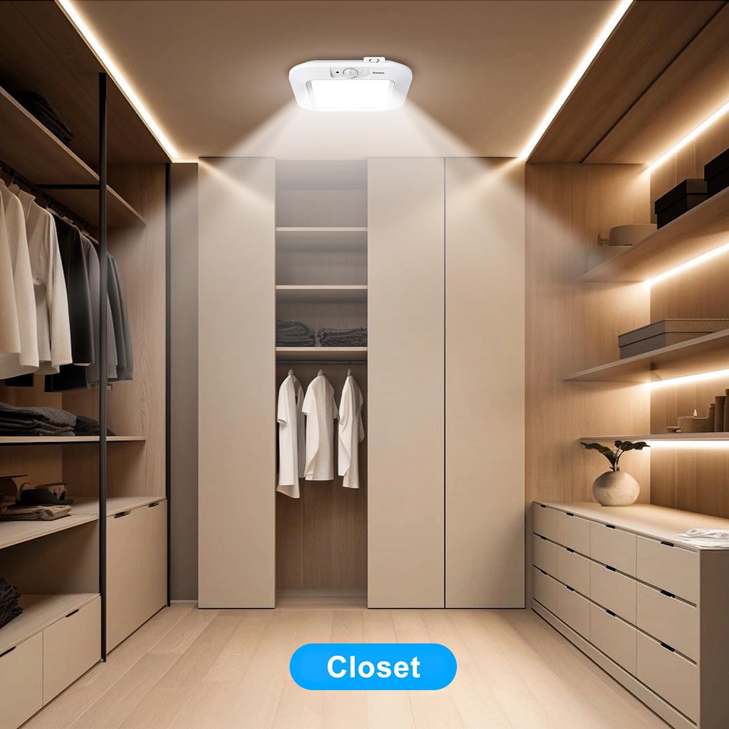 2 Pack Battery Operated Ceiling Light Motion Sensor Shower Light, Wireless Closet Lights 6000K LED Bathroom Shower Lamp