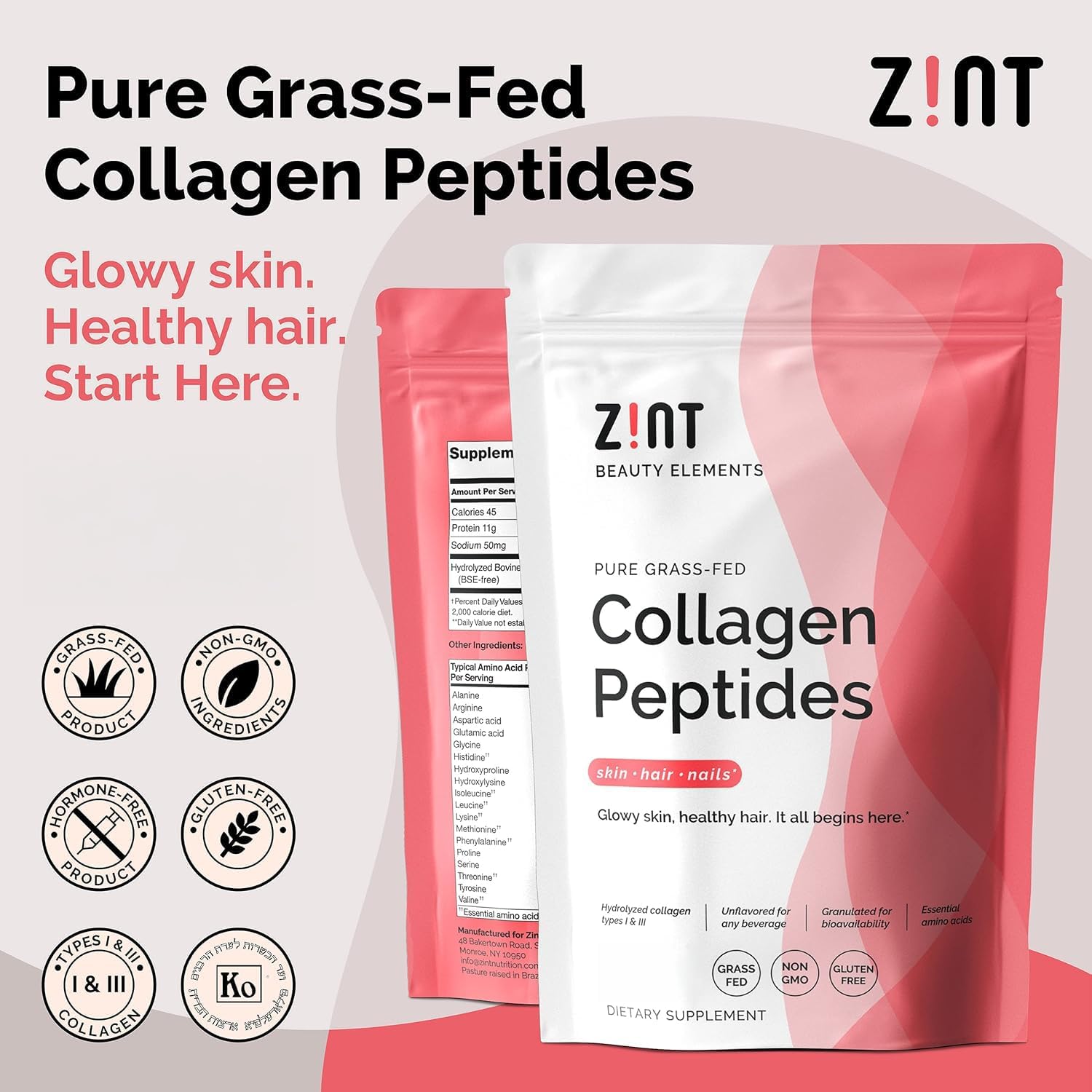 Zint Collagen Peptides Powder (32 oz) | Grass-Fed, Hydrolyzed Type I & III | Supports Skin, Hair, Joints & Gut Health | Rich in Key Amino Acids | Non-GMO, Unflavored