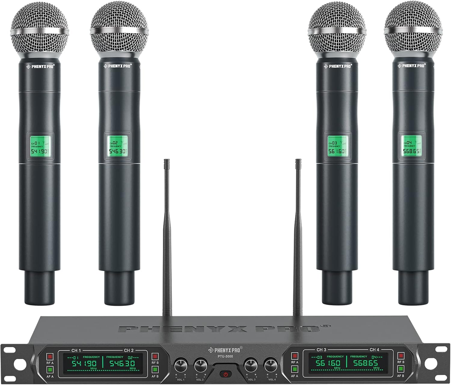 Phenyx Pro 4-Ch UHF Fixed Frequency Wireless Microphone System PTU-5000-4H | 4 Dynamic Handheld Mics, Metal Build, 260 ft Range, Singing
