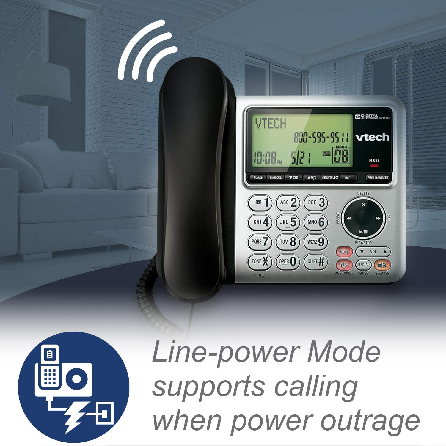 VTech CS6649 DECT 6.0 Expandable Corded/Cordless Phone with Answering System and Caller ID/Call Waiting, Silver/Black with 1 Handset