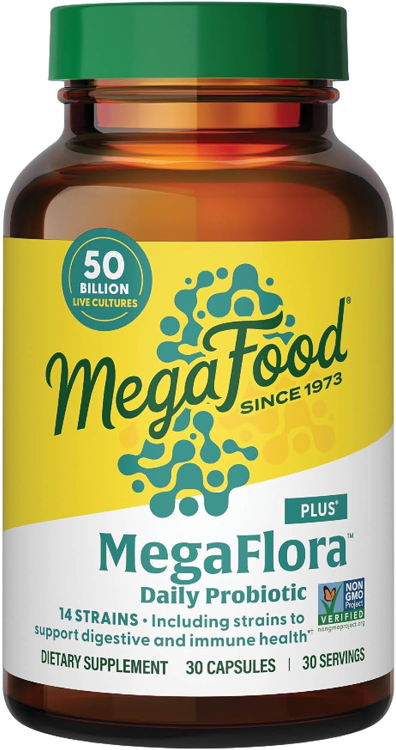 MegaFood MegaFlora Probiotic Plus, 50 Billion Live Cultures, 60 Capsules | Daily Probiotics for Women and Men, Supports Digestive Health, Immune Support Supplement, 14 Strains, Vegetarian, 60 Servings
