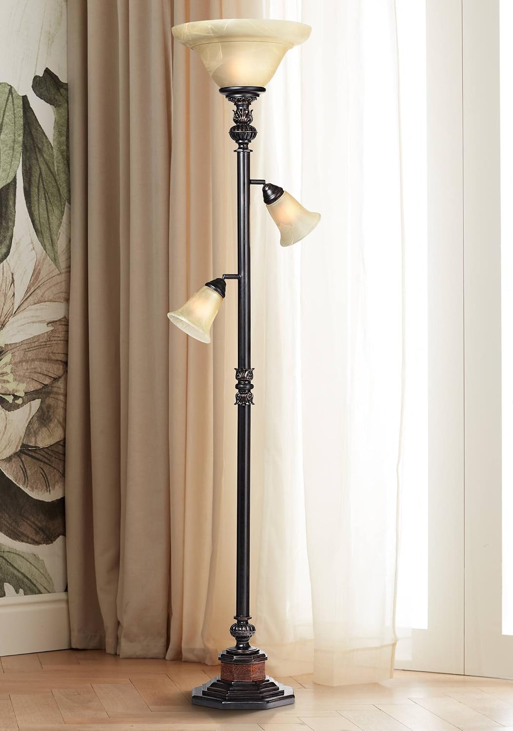 Kathy Ireland Sonnett 72" Tall 3-Light Torchiere Floor Lamp Living Room | Industrial Vintage Tree Standing Bronze Brown Champagne Alabaster Glass