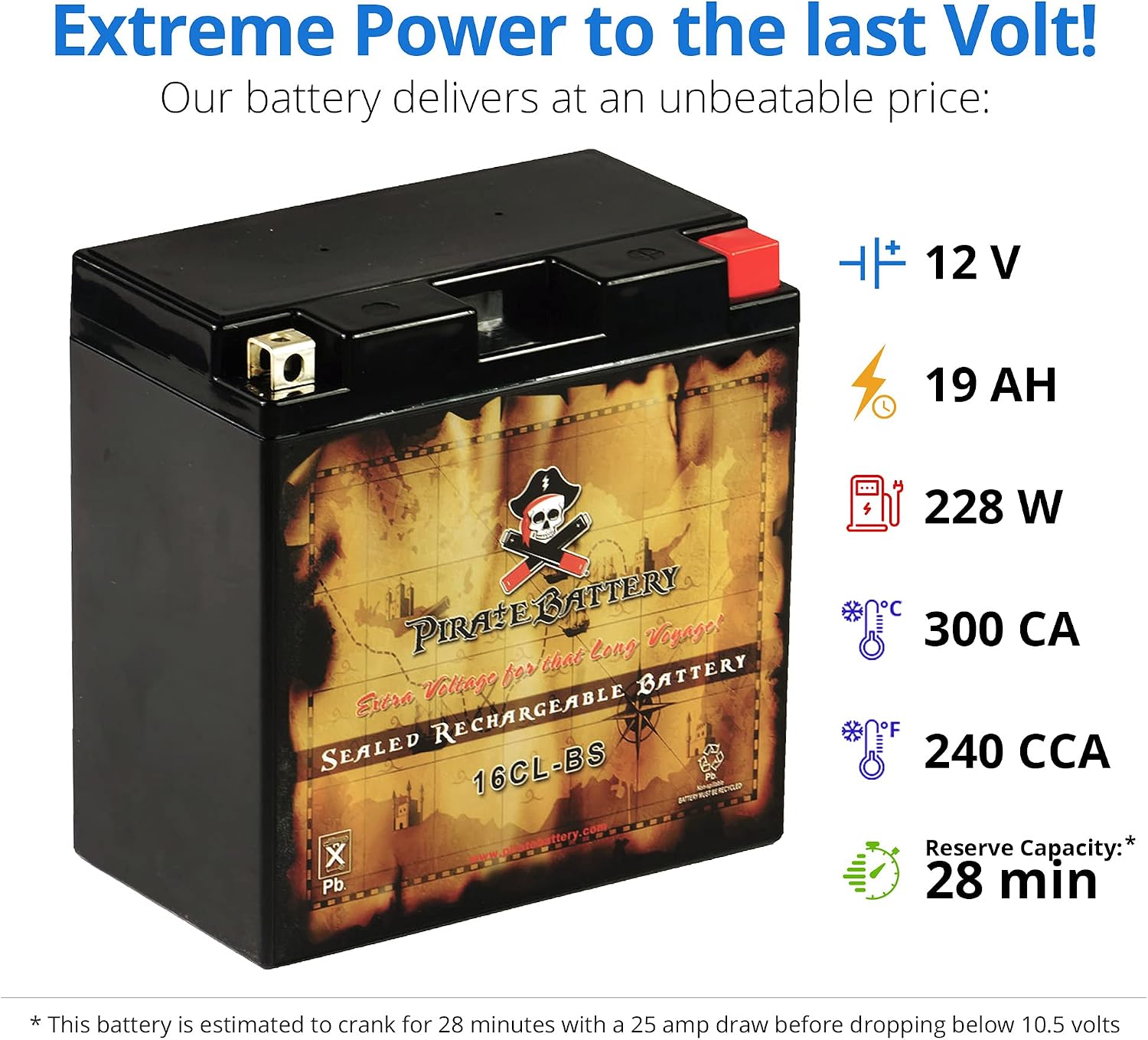 Pirate Battery YTX20HL-BS 310 CCA Maintenance-Free 12V 19Ah Battery Replacement for ATV, Harley Davidson Motorcycle, Jet Skis, Scooter, UTV, and More - Nut and Bolt (T3) Terminal