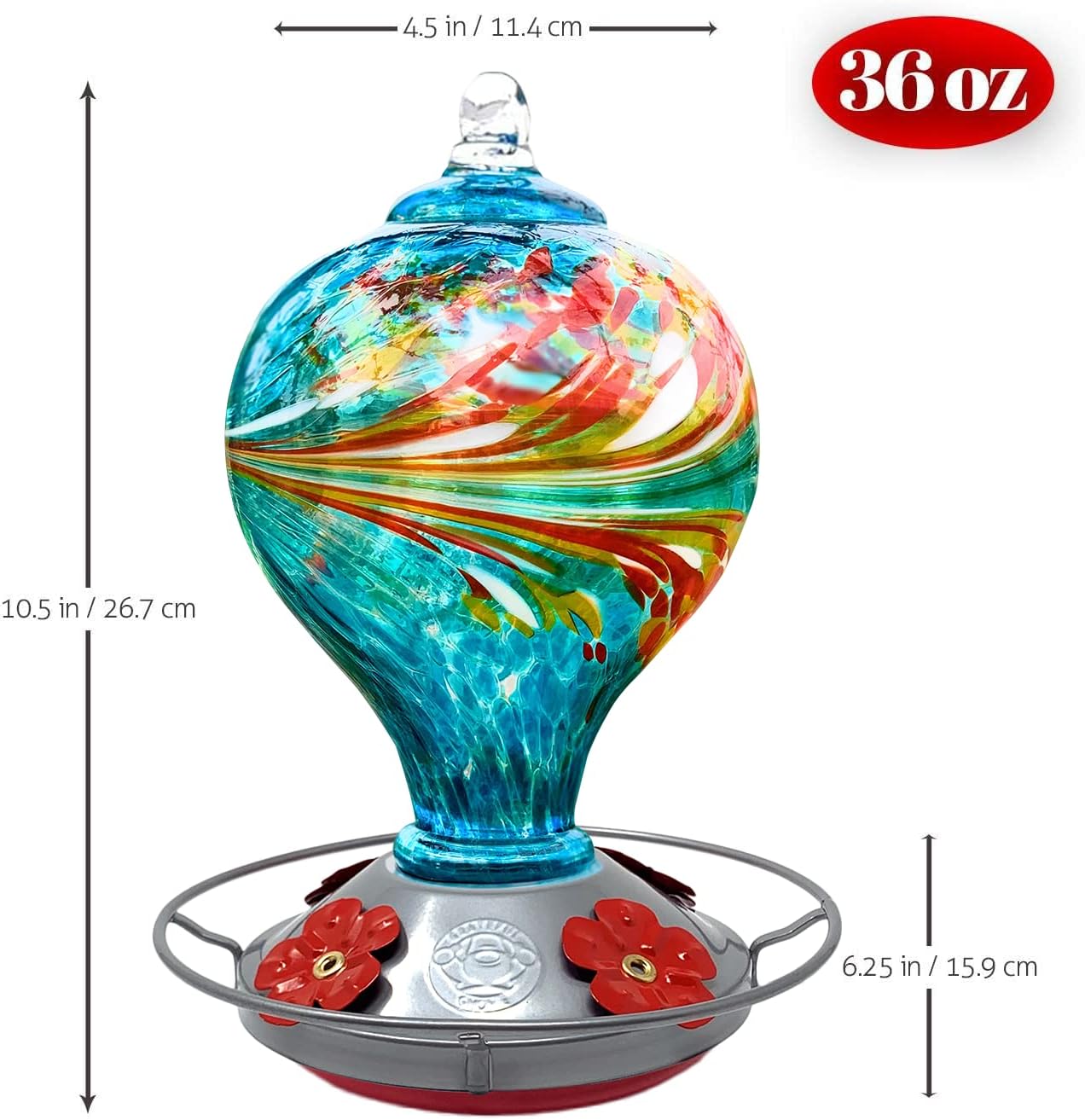 Hummingbird Feeder by Grateful Gnome - Large Hand Blown Stained Glass Feeder for Garden, Patio, Outdoors, Window with Accessories S-Hook, Ant Moat