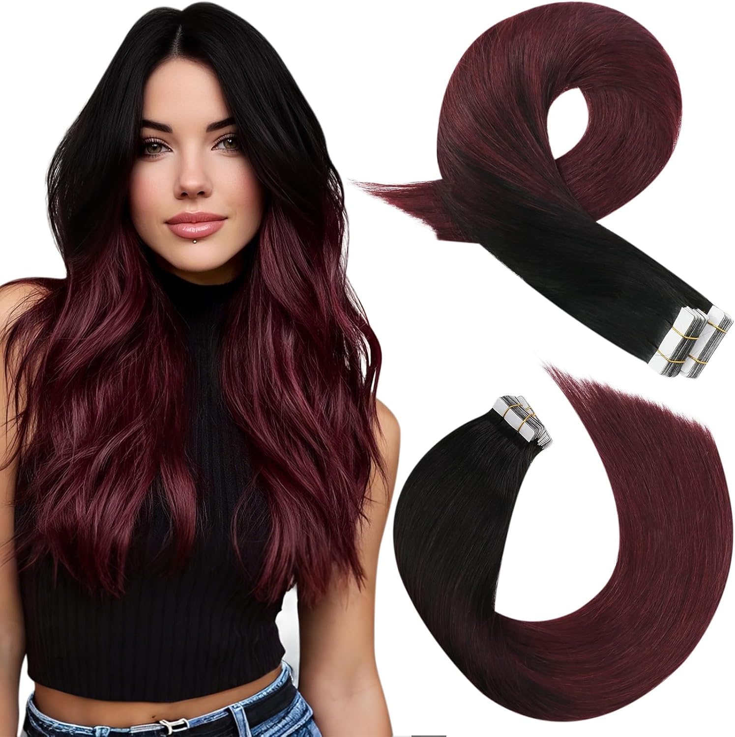 Moresoo Black Tape in Hair Extensions Human Hair, 18 Inch, 20Pcs, 50g